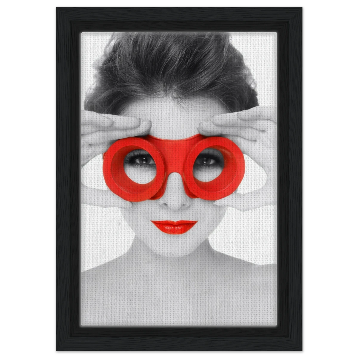 Through Crimson Eyes"– Monochrome Glamour Pop | Wall Art Print - Framed Canvas - 20x30 cm / 8x12″ - Black frame