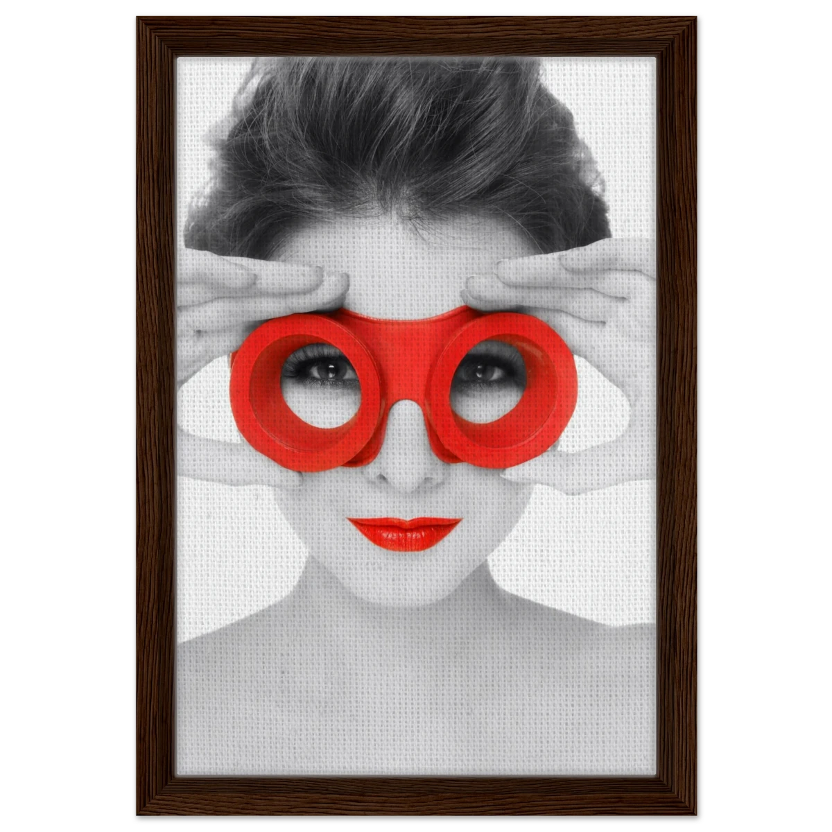 Through Crimson Eyes"– Monochrome Glamour Pop | Wall Art Print - Framed Canvas - 30x45 cm / 12x18″ - Dark wood frame