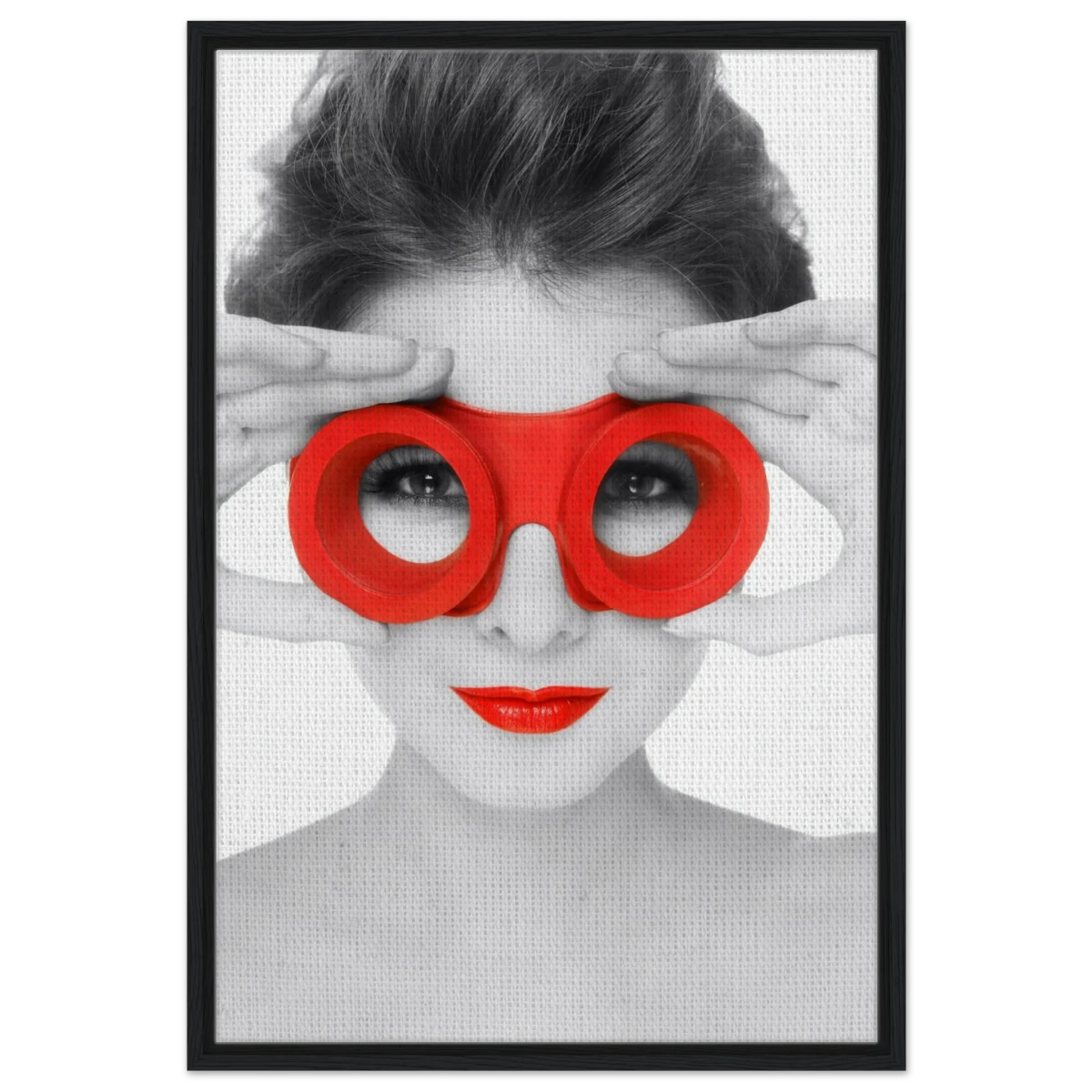 Through Crimson Eyes"– Monochrome Glamour Pop | Wall Art Print - Framed Canvas - 60x90 cm / 24x36″ - Black frame