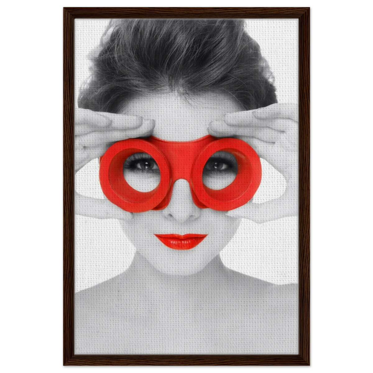 Through Crimson Eyes"– Monochrome Glamour Pop | Wall Art Print - Framed Canvas - 50x75 cm / 20x30″ - Dark wood frame