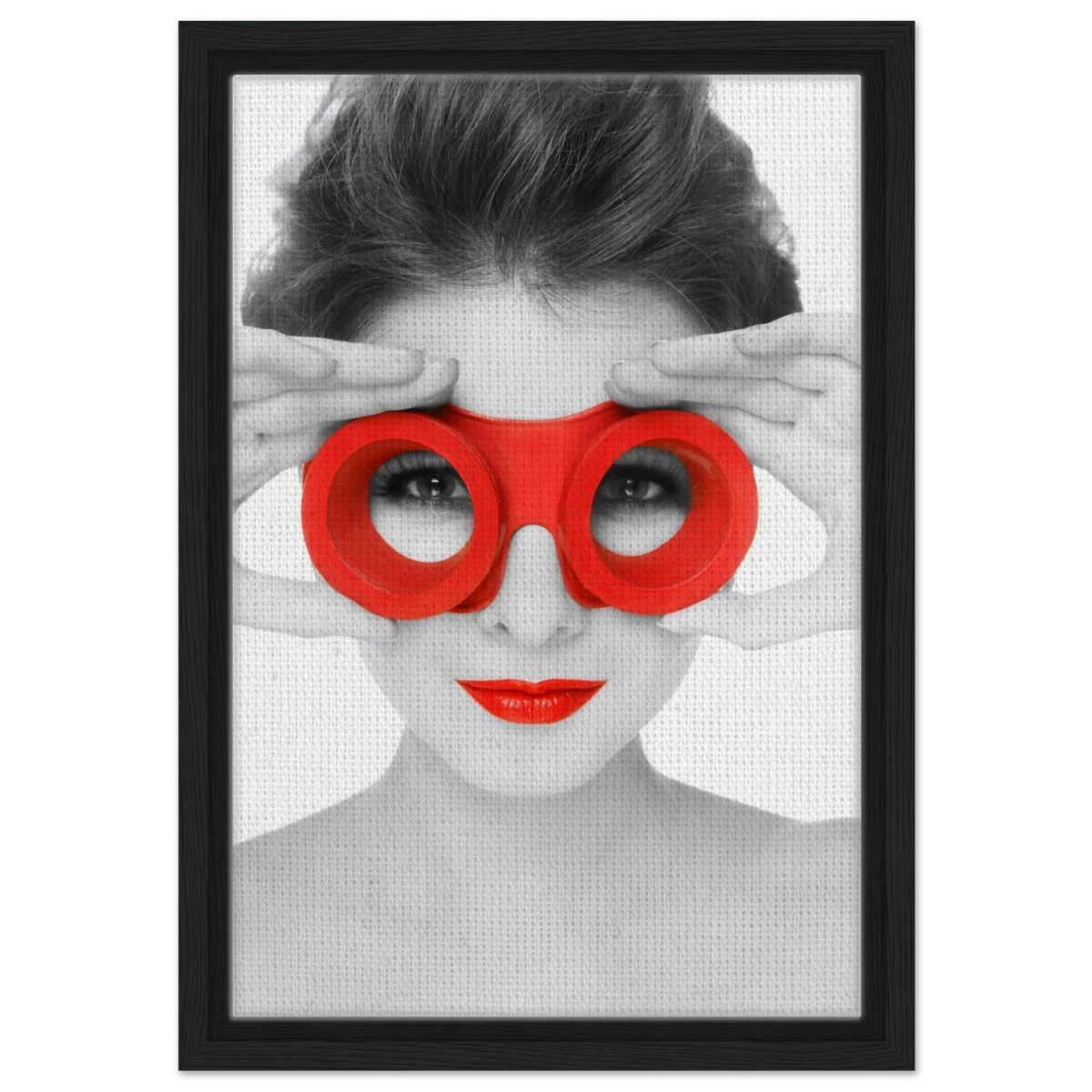 Through Crimson Eyes"– Monochrome Glamour Pop | Wall Art Print - Framed Canvas - 30x45 cm / 12x18″ - Black frame