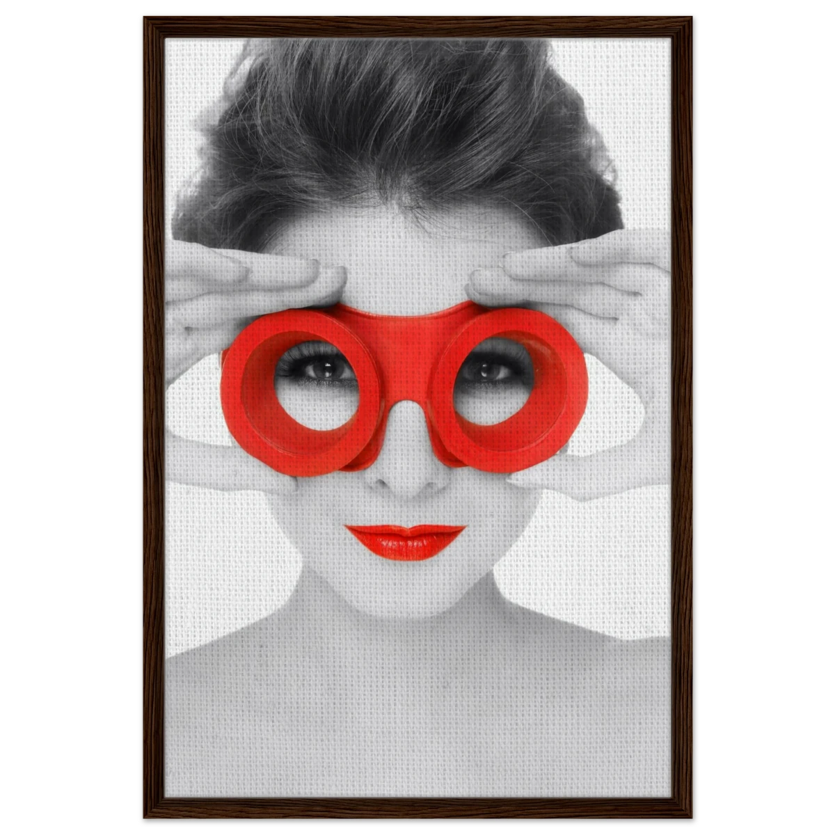 Through Crimson Eyes"– Monochrome Glamour Pop | Wall Art Print - Framed Canvas - 60x90 cm / 24x36″ - Dark wood frame