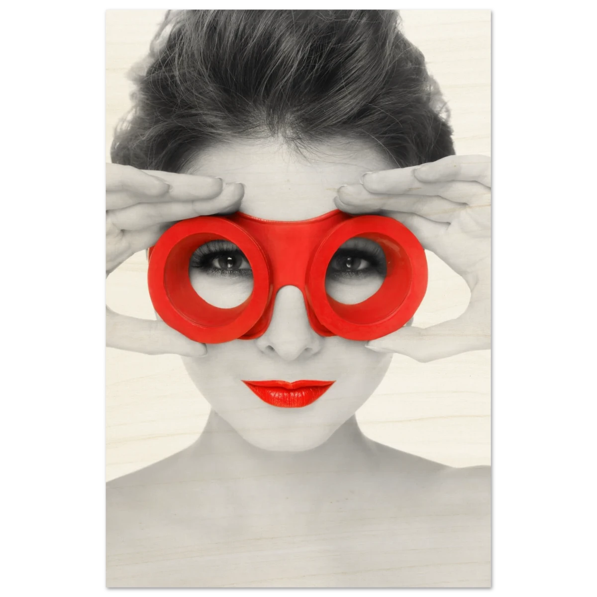 Through Crimson Eyes"– Monochrome Glamour Pop | Wall Art Print - Wood Prints - 50x75 cm / 20x30″ -
