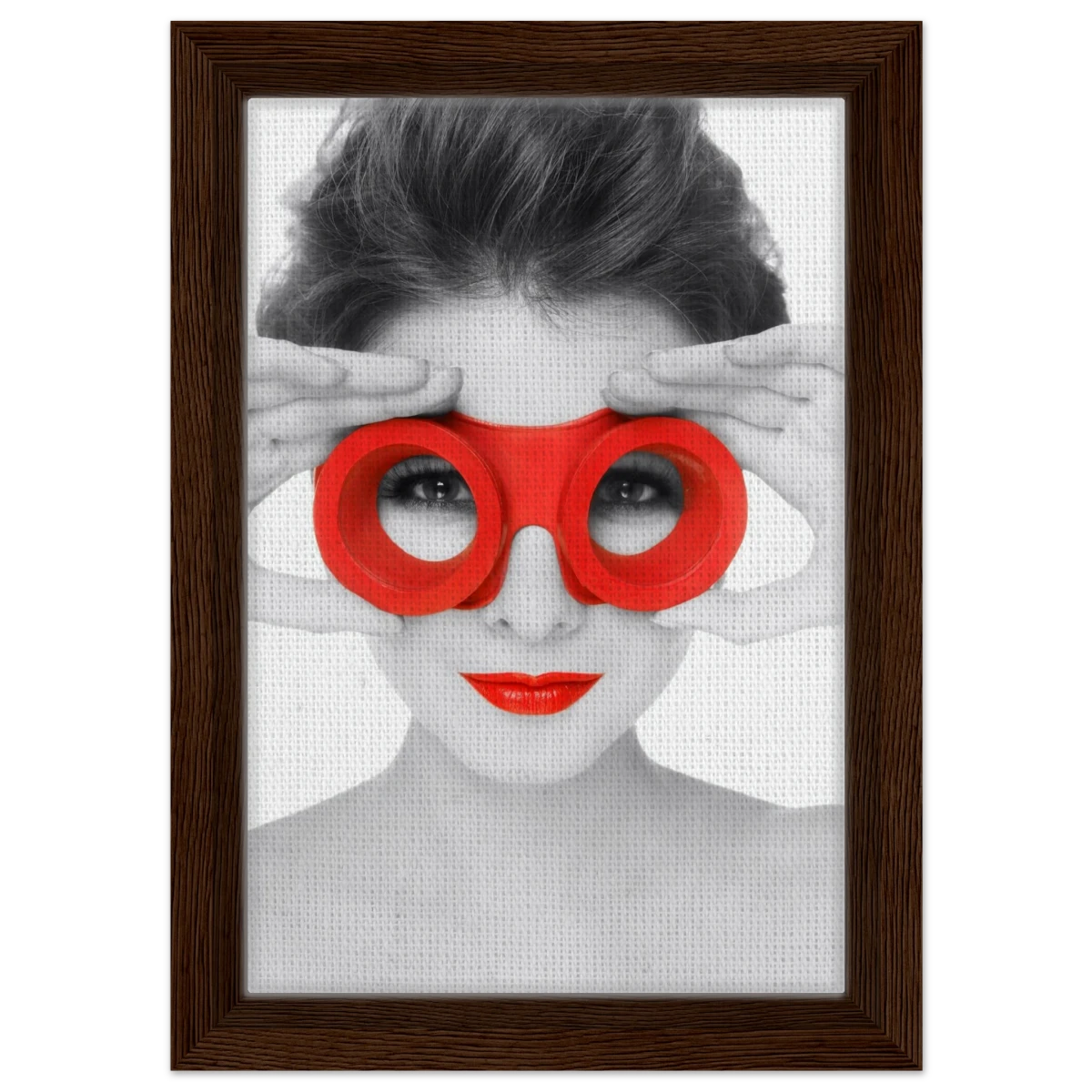 Through Crimson Eyes"– Monochrome Glamour Pop | Wall Art Print - Framed Canvas - 20x30 cm / 8x12″ - Dark wood frame
