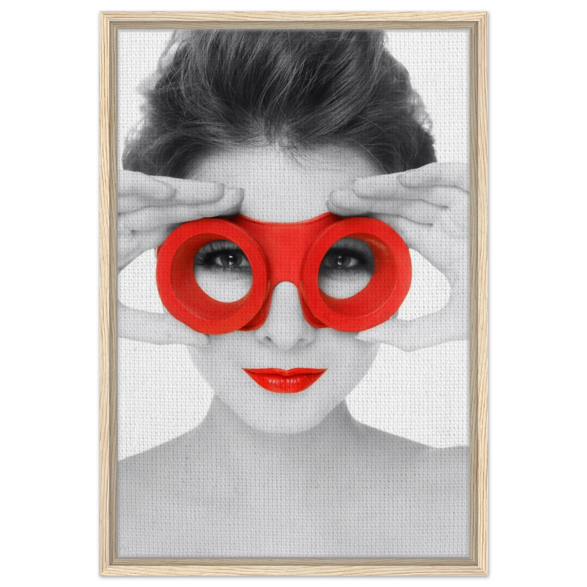 Through Crimson Eyes"– Monochrome Glamour Pop | Wall Art Print - Framed Canvas - 50x75 cm / 20x30″ - Wood frame