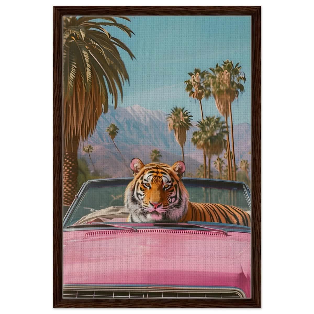 Tiger’s Ride: A Tropical Adventure | Pop Art Surrealism - Framed Canvas - 50x75 cm / 20x30″ - Dark wood frame