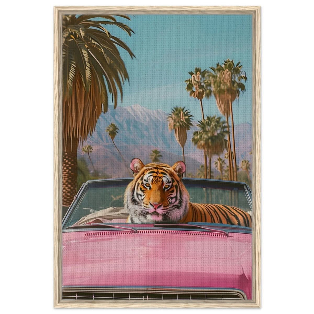 Tiger’s Ride: A Tropical Adventure | Pop Art Surrealism - Framed Canvas - 60x90 cm / 24x36″ - Wood frame