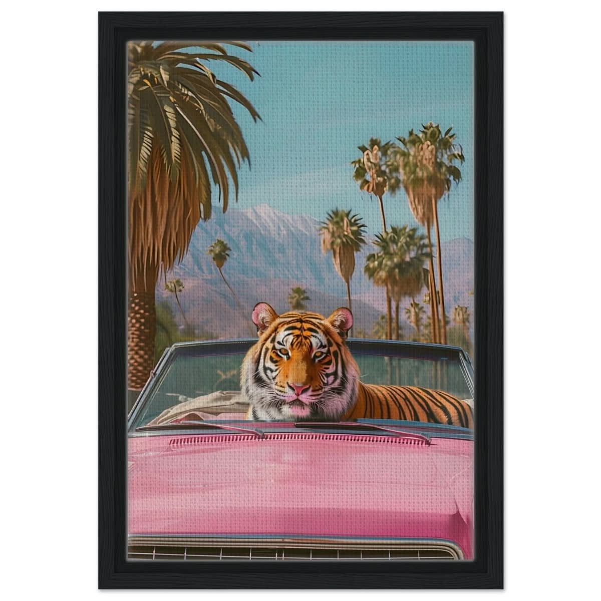 Tiger’s Ride: A Tropical Adventure | Pop Art Surrealism - Framed Canvas - 30x45 cm / 12x18″ - Black frame