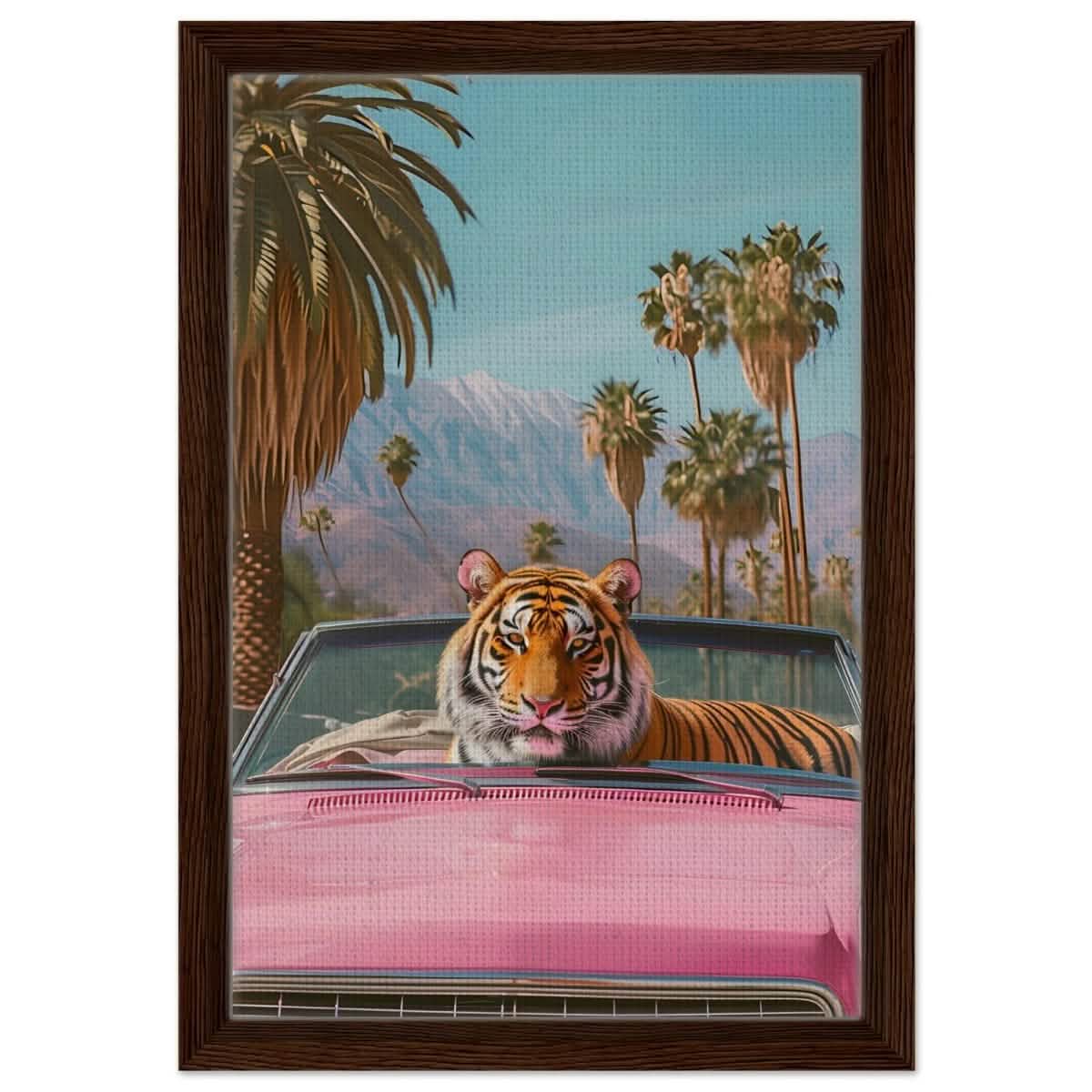 Tiger’s Ride: A Tropical Adventure | Pop Art Surrealism - Framed Canvas - 30x45 cm / 12x18″ - Dark wood frame