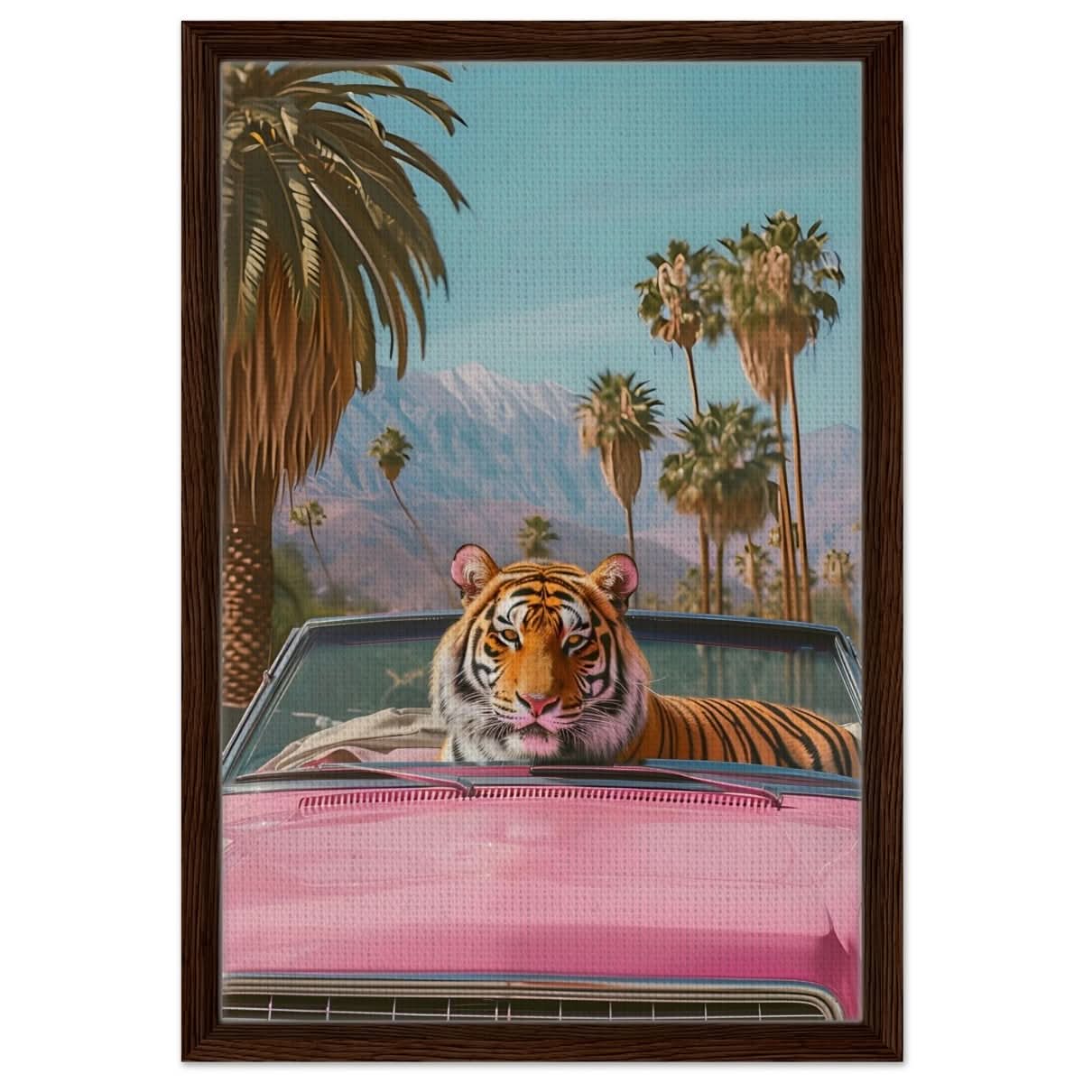 Tiger’s Ride: A Tropical Adventure | Pop Art Surrealism - Framed Canvas - 40x60 cm / 16x24″ - Dark wood frame