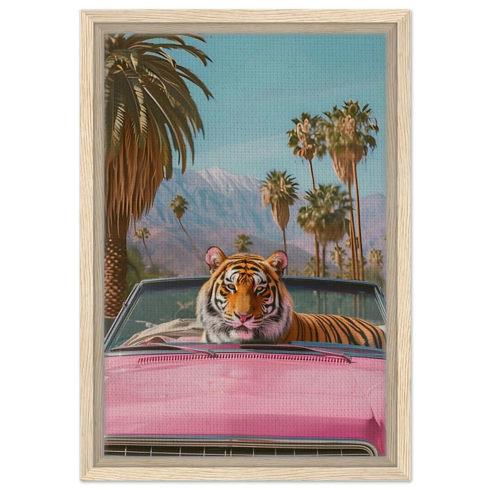 Tiger’s Ride: A Tropical Adventure | Pop Art Surrealism - Framed Canvas - 30x45 cm / 12x18″ - Wood frame