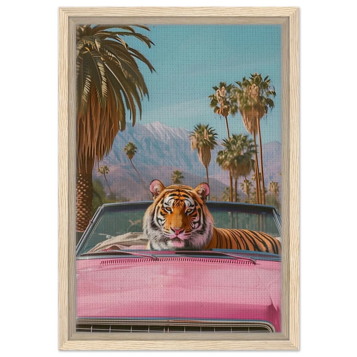 Tiger’s Ride: A Tropical Adventure | Pop Art Surrealism - Framed Canvas - 30x45 cm / 12x18″ - Wood frame