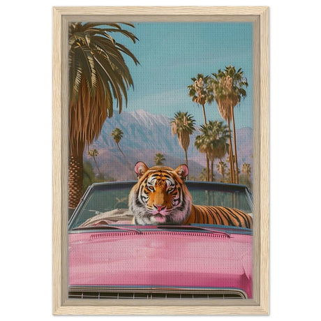 Tiger’s Ride: A Tropical Adventure | Pop Art Surrealism - Framed Canvas - 30x45 cm / 12x18″ - Wood frame