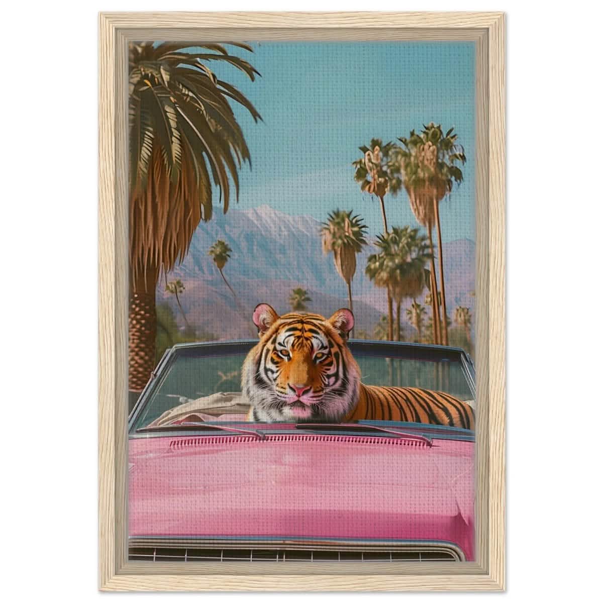Tiger’s Ride: A Tropical Adventure | Pop Art Surrealism - Framed Canvas - 30x45 cm / 12x18″ - Wood frame
