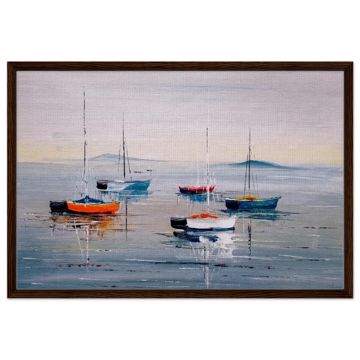 Tranquil Harbour – Sailing Boats at Rest Nautical Wall Art Print - Framed Canvas - 60x90 cm / 24x36″ - Dark wood frame