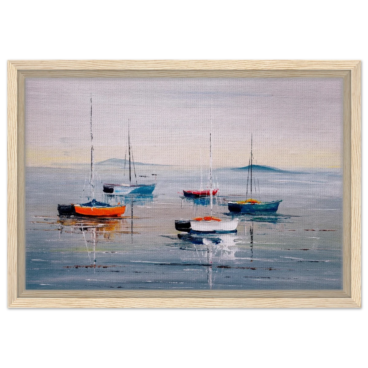 Tranquil Harbour – Sailing Boats at Rest Nautical Wall Art Print - Framed Canvas - 30x45 cm / 12x18″ - Wood frame