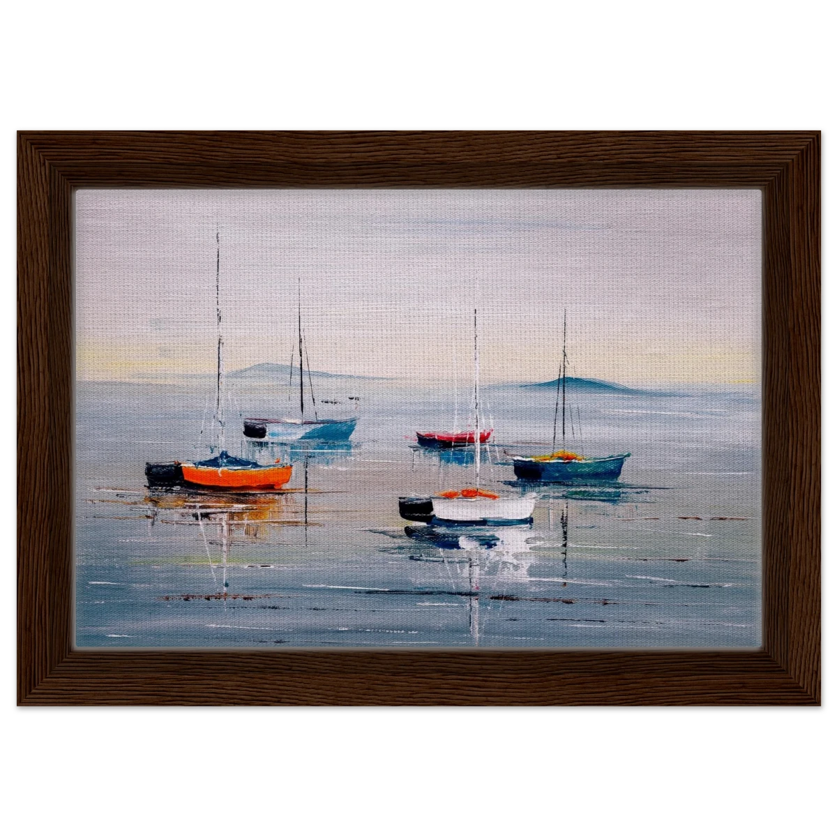Tranquil Harbour – Sailing Boats at Rest Nautical Wall Art Print - Framed Canvas - 20x30 cm / 8x12″ - Dark wood frame
