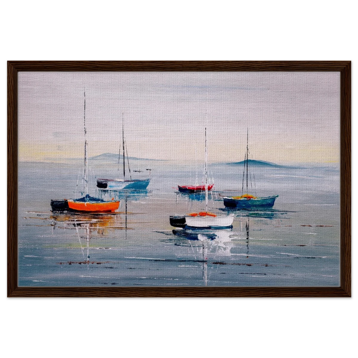 Tranquil Harbour – Sailing Boats at Rest Nautical Wall Art Print - Framed Canvas - 50x75 cm / 20x30″ - Dark wood frame