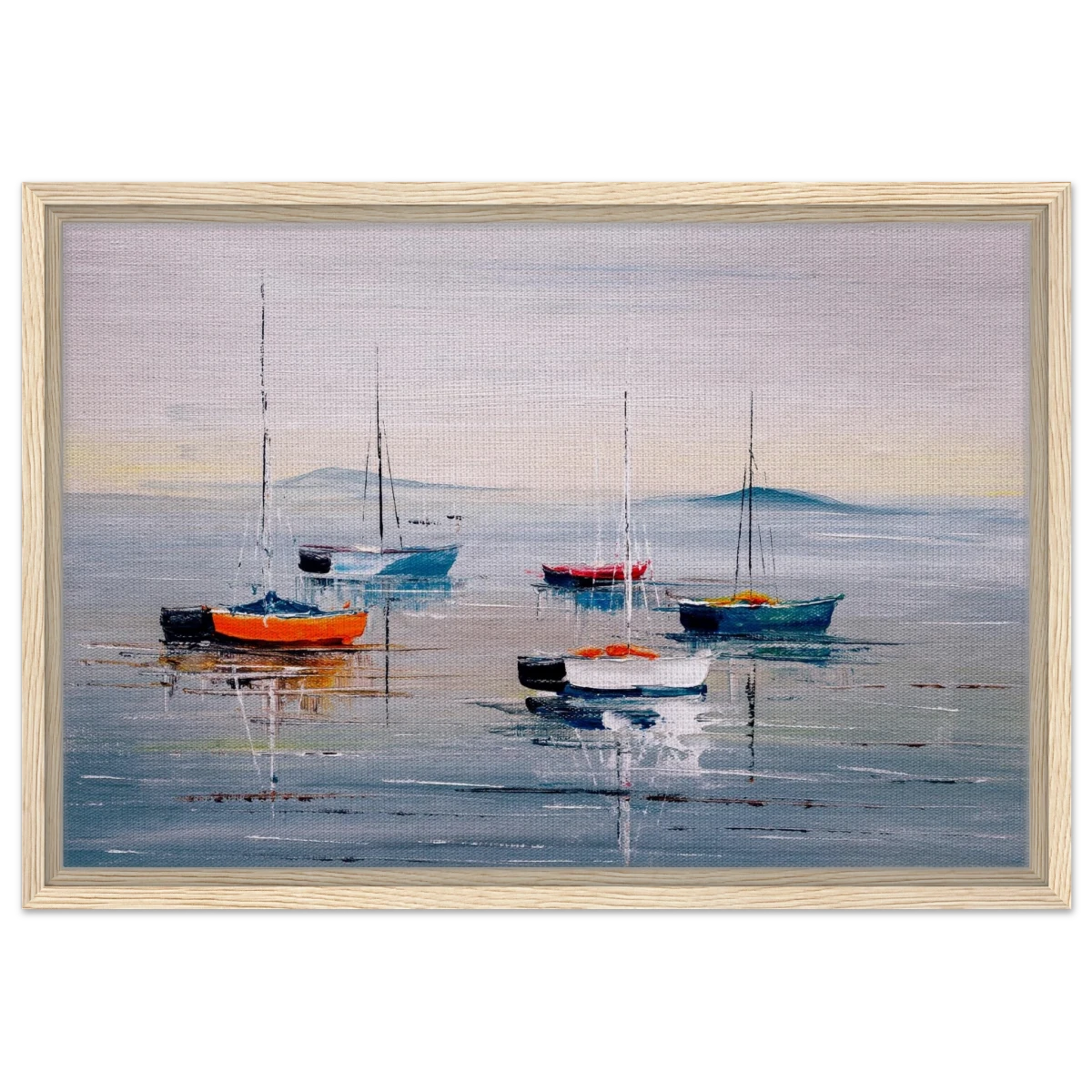 Tranquil Harbour – Sailing Boats at Rest Nautical Wall Art Print - Framed Canvas - 40x60 cm / 16x24″ - Wood frame