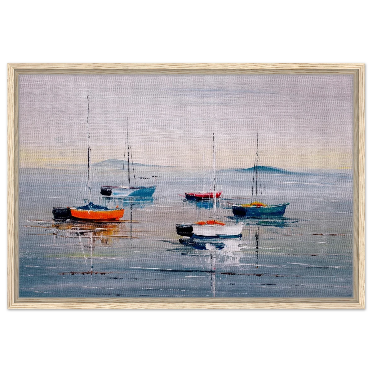 Tranquil Harbour – Sailing Boats at Rest Nautical Wall Art Print - Framed Canvas - 50x75 cm / 20x30″ - Wood frame