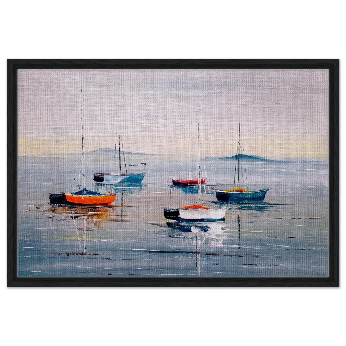 Tranquil Harbour – Sailing Boats at Rest Nautical Wall Art Print - Framed Canvas - 50x75 cm / 20x30″ - Black frame