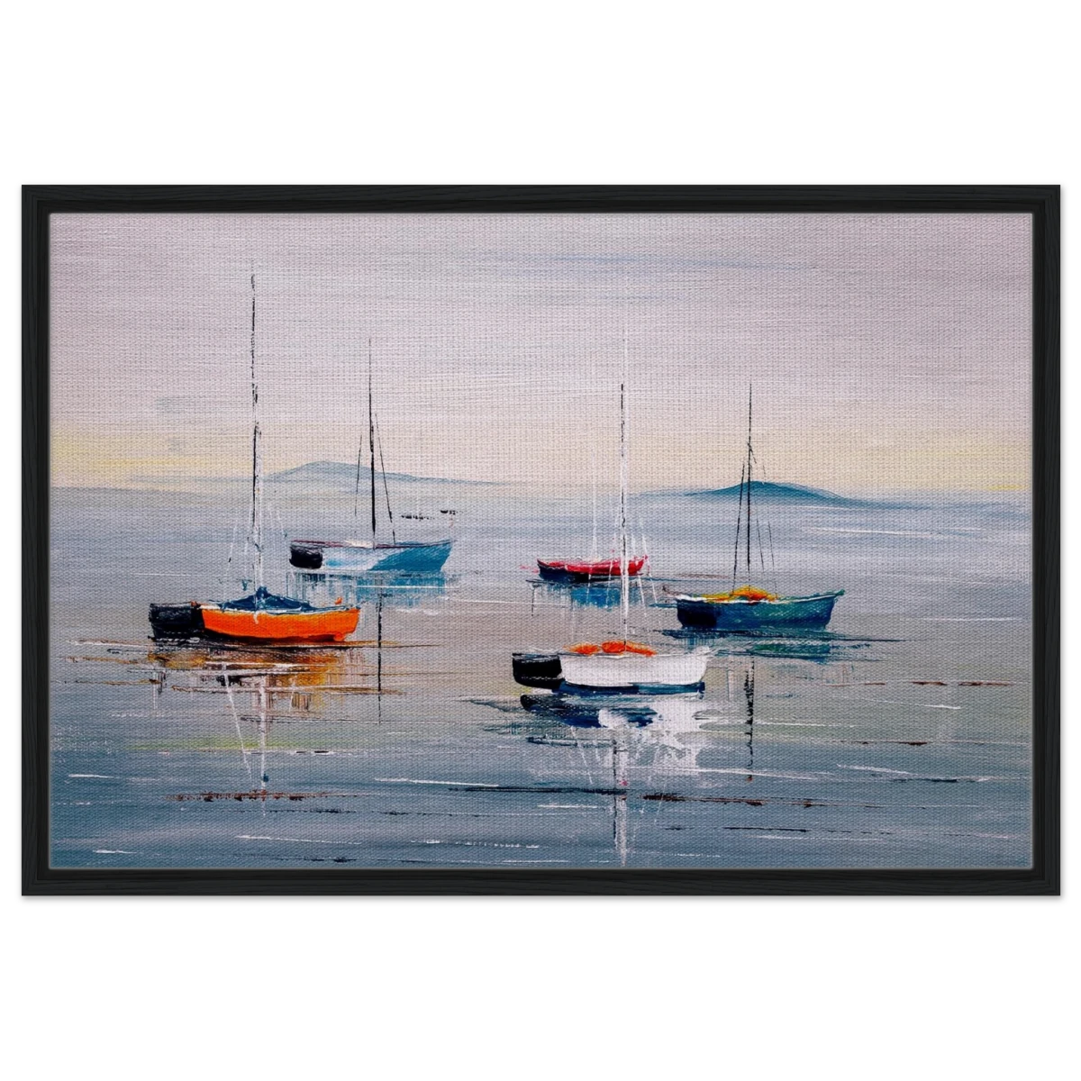 Tranquil Harbour – Sailing Boats at Rest Nautical Wall Art Print - Framed Canvas - 60x90 cm / 24x36″ - Black frame