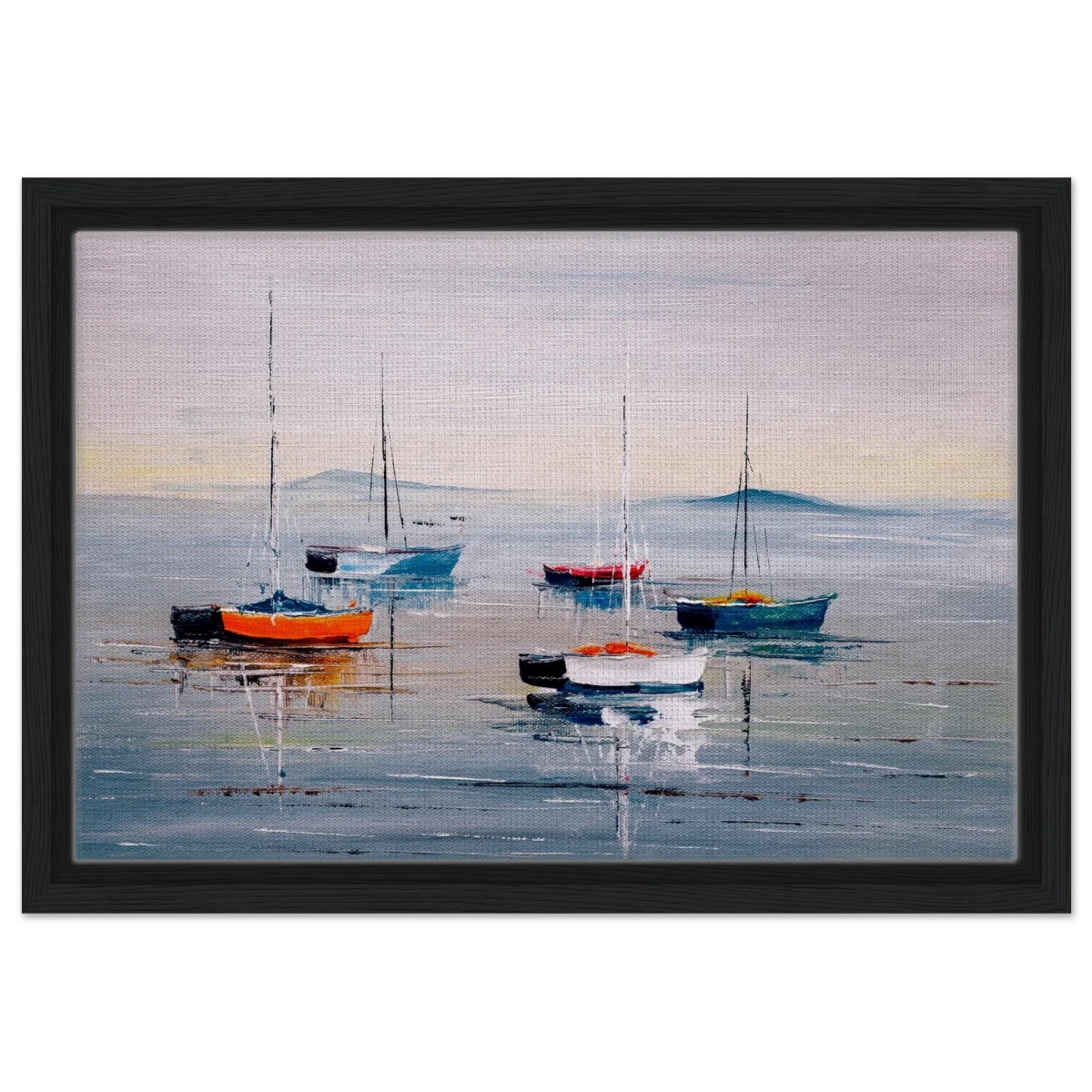 Tranquil Harbour – Sailing Boats at Rest Nautical Wall Art Print - Framed Canvas - 30x45 cm / 12x18″ - Black frame