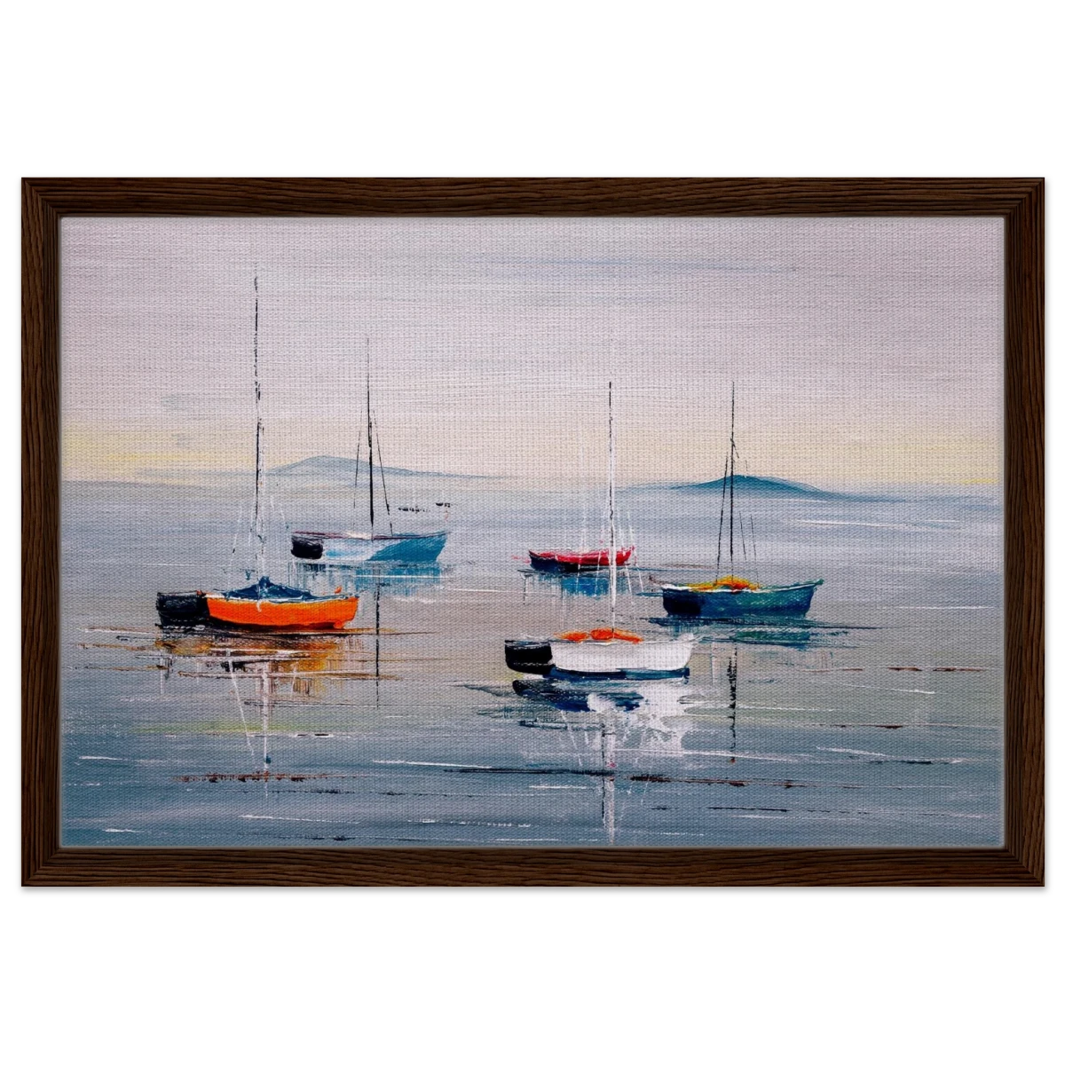 Tranquil Harbour – Sailing Boats at Rest Nautical Wall Art Print - Framed Canvas - 40x60 cm / 16x24″ - Dark wood frame