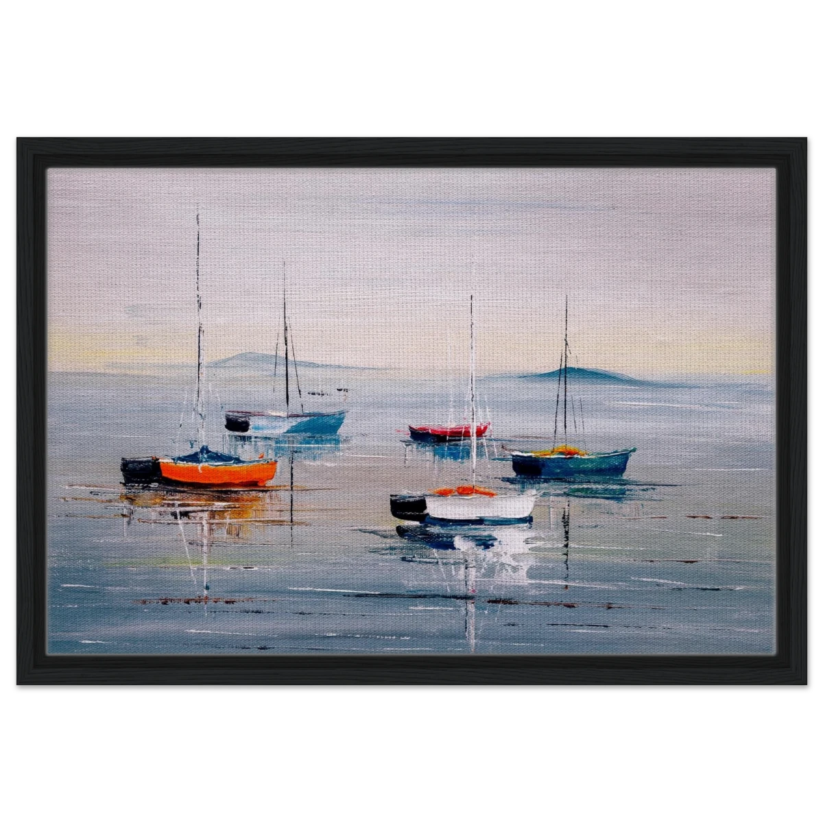 Tranquil Harbour – Sailing Boats at Rest Nautical Wall Art Print - Framed Canvas - 40x60 cm / 16x24″ - Black frame