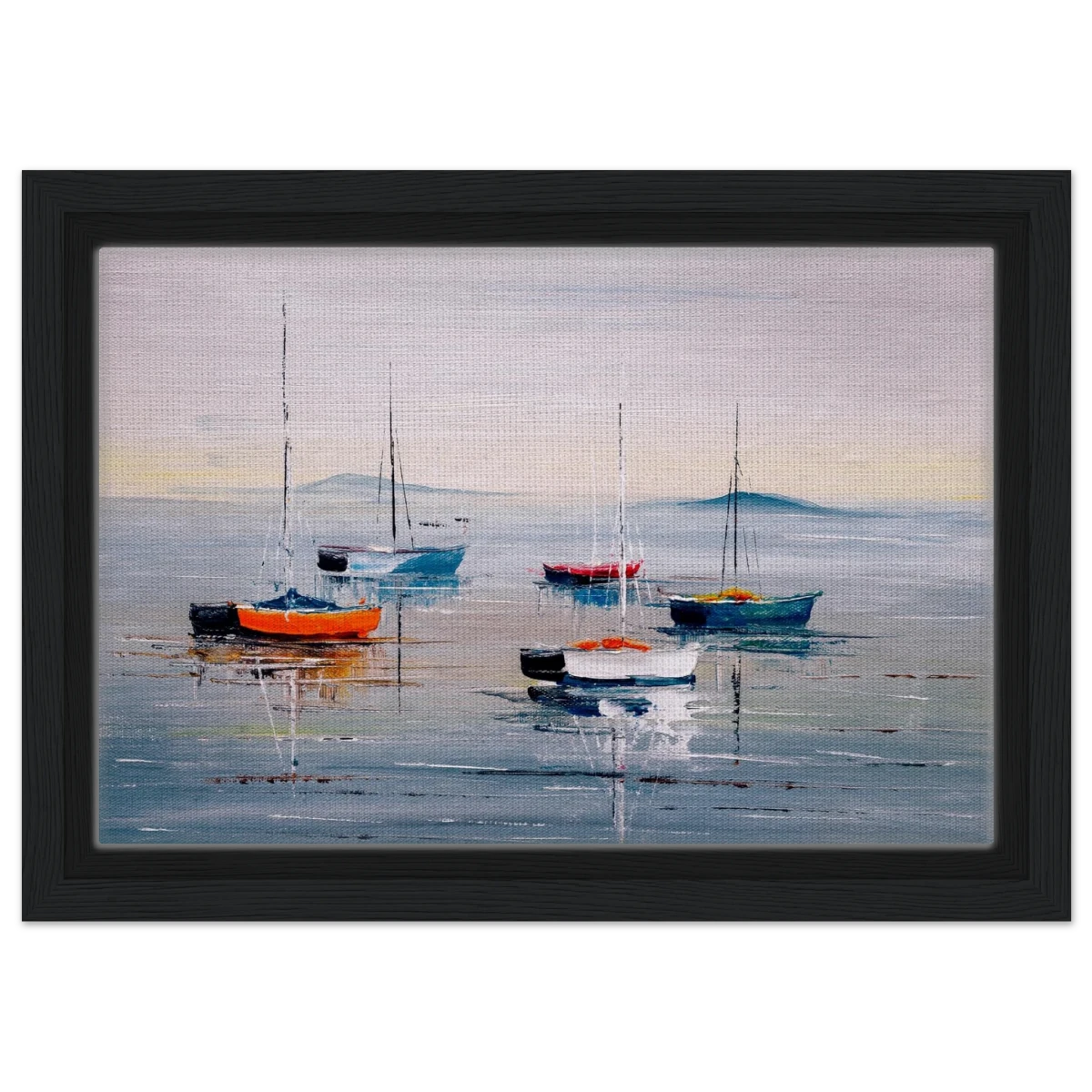 Tranquil Harbour – Sailing Boats at Rest Nautical Wall Art Print - Framed Canvas - 20x30 cm / 8x12″ - Black frame