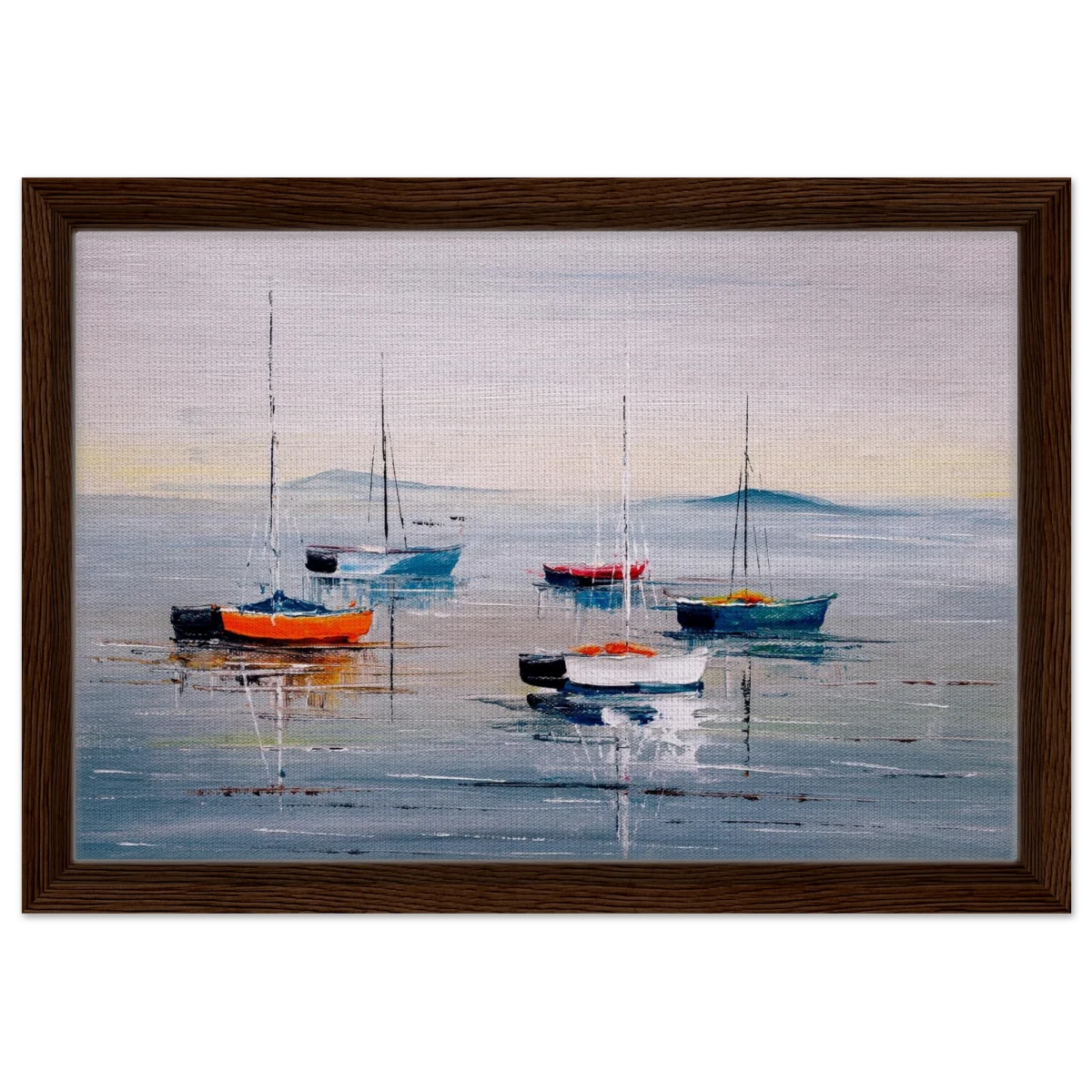 Tranquil Harbour – Sailing Boats at Rest Nautical Wall Art Print - Framed Canvas - 30x45 cm / 12x18″ - Dark wood frame
