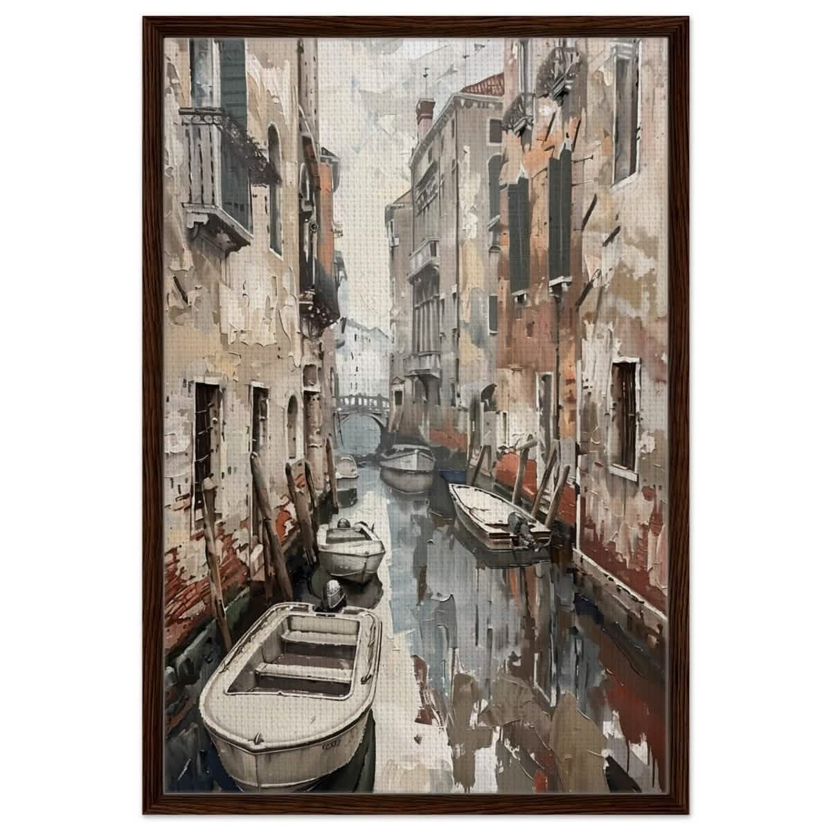 Tranquil Venice: Reflections of a Hidden Canal | Modern wall art print - Framed Canvas - 60x90 cm / 24x36″ - Dark wood frame