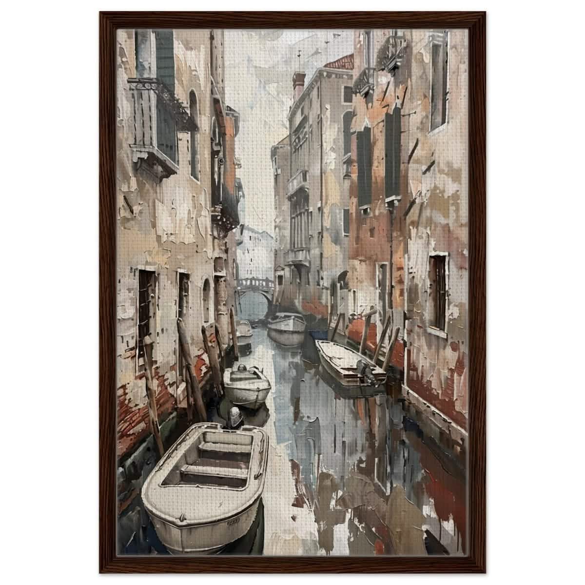 Tranquil Venice: Reflections of a Hidden Canal | Modern wall art print - Framed Canvas - 50x75 cm / 20x30″ - Dark wood frame