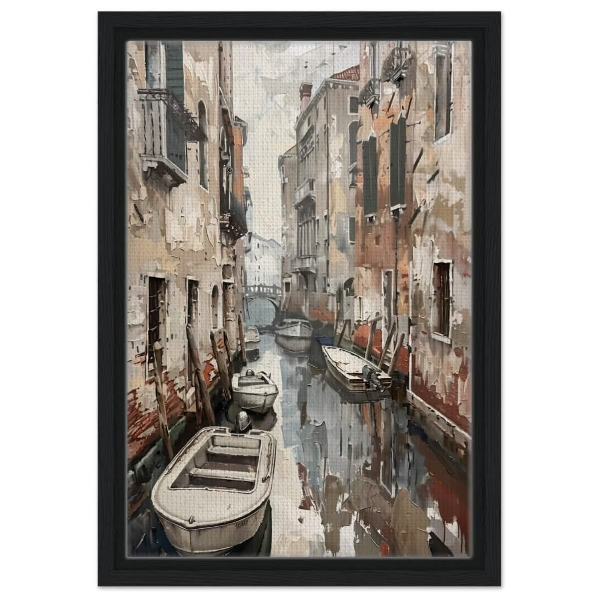 Tranquil Venice: Reflections of a Hidden Canal | Modern wall art print - Framed Canvas - 30x45 cm / 12x18″ - Black frame