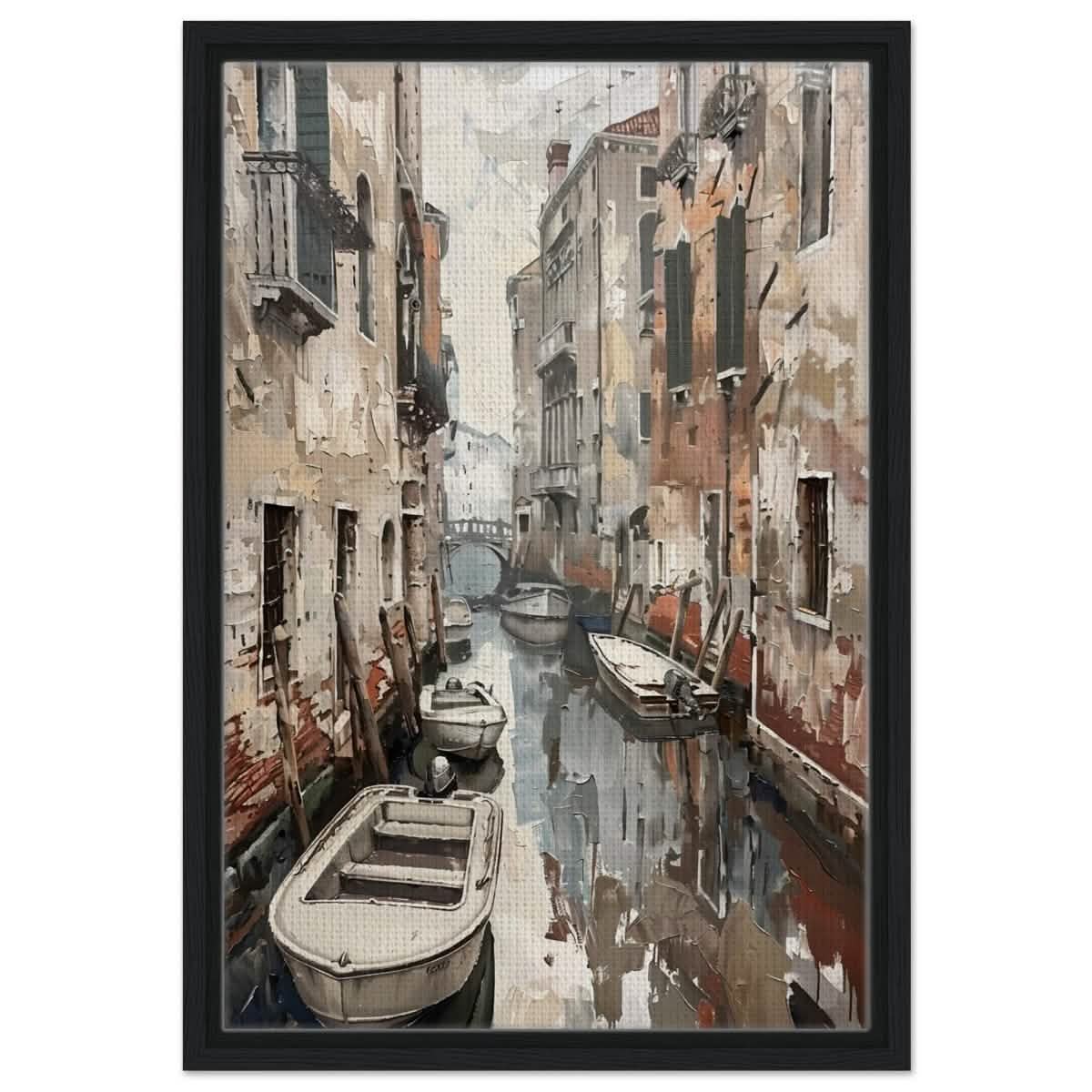 Tranquil Venice: Reflections of a Hidden Canal | Modern wall art print - Framed Canvas - 40x60 cm / 16x24″ - Black frame