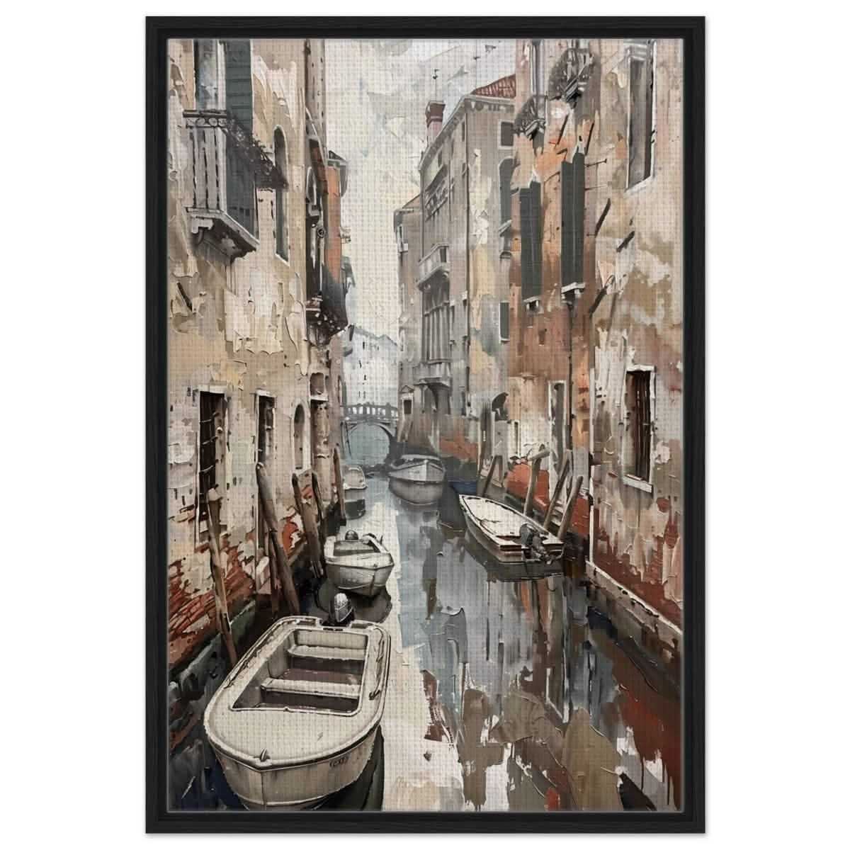 Tranquil Venice: Reflections of a Hidden Canal | Modern wall art print - Framed Canvas - 60x90 cm / 24x36″ - Black frame