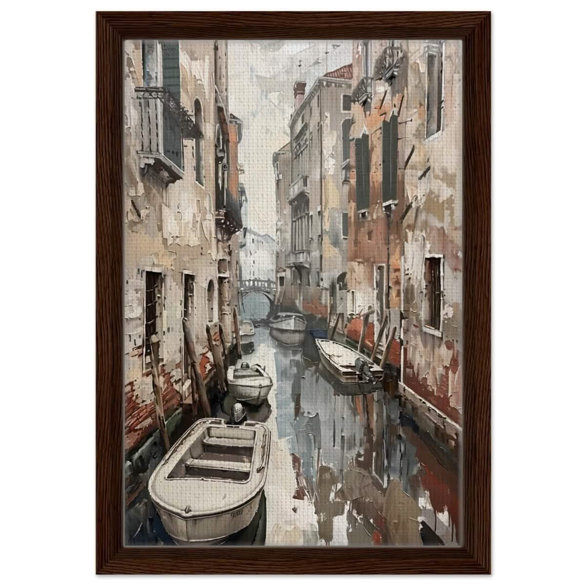 Tranquil Venice: Reflections of a Hidden Canal | Modern wall art print - Framed Canvas - 30x45 cm / 12x18″ - Dark wood frame