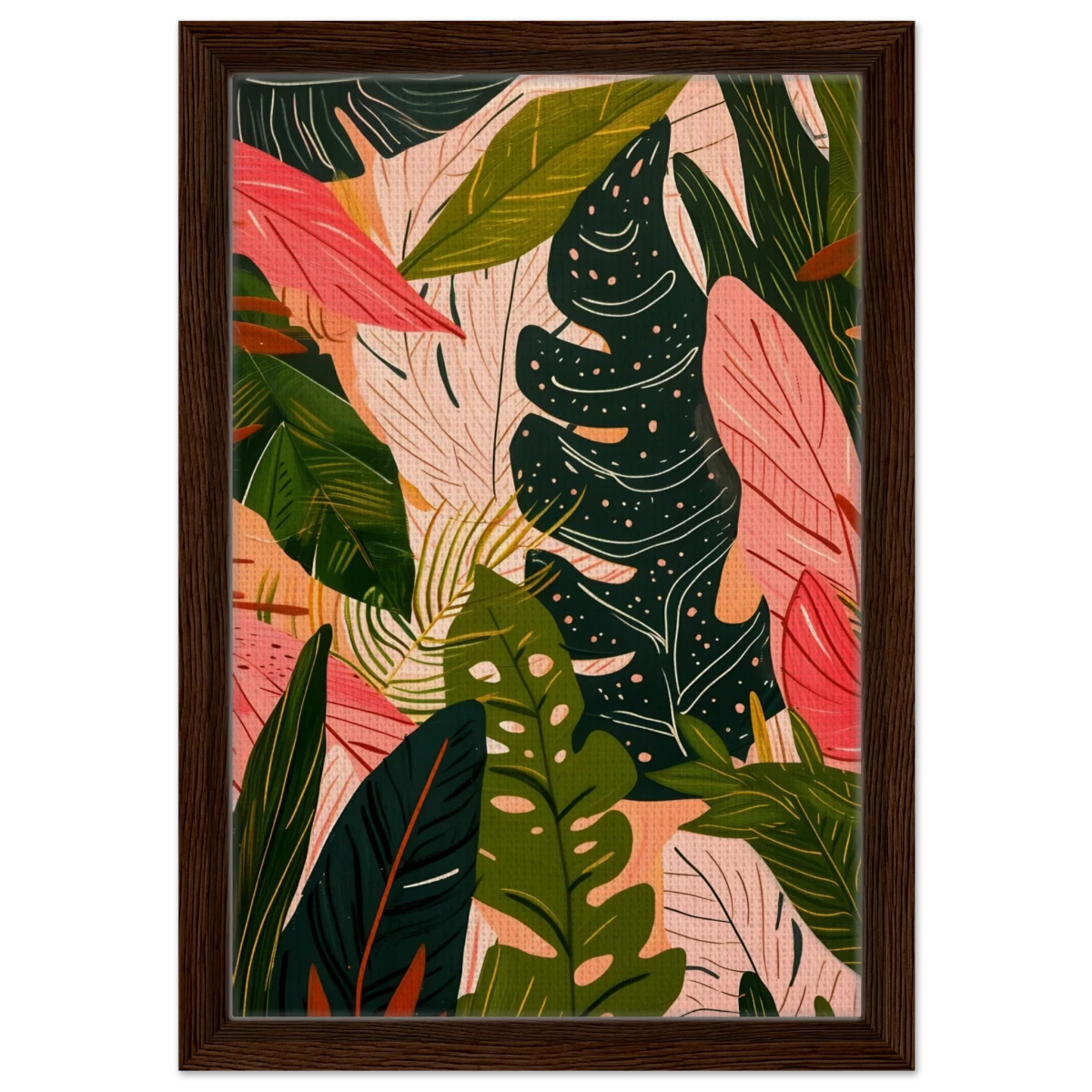 "Tropical Whispers" – A Lush Botanical Escape | Contemporary Botanical Art Wall art print - 30x45 cm / 12x18″ - Framed Canvas - Dark wood frame