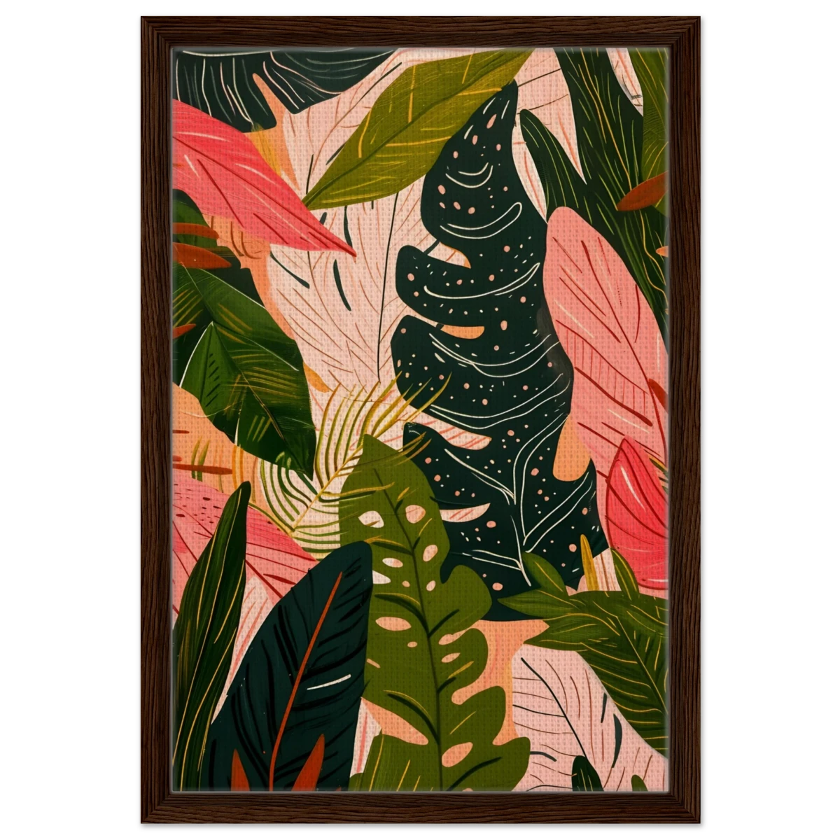 "Tropical Whispers" – A Lush Botanical Escape | Contemporary Botanical Art Wall art print - 40x60 cm / 16x24″ - Framed Canvas - Dark wood frame