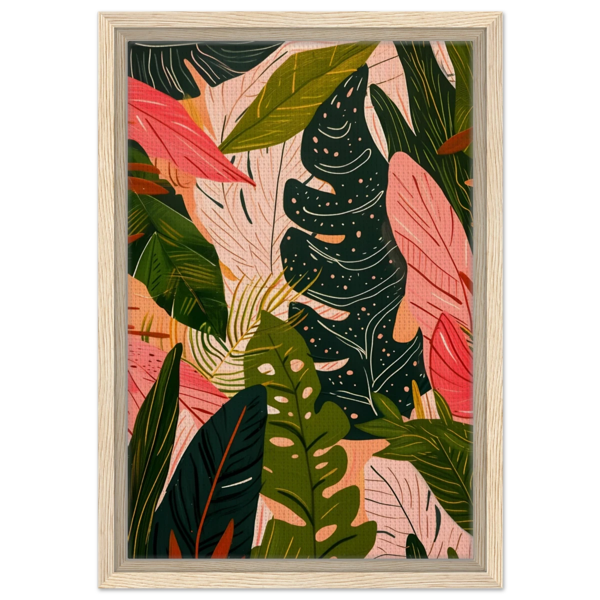 "Tropical Whispers" – A Lush Botanical Escape | Contemporary Botanical Art Wall art print - 30x45 cm / 12x18″ - Framed Canvas - Wood frame