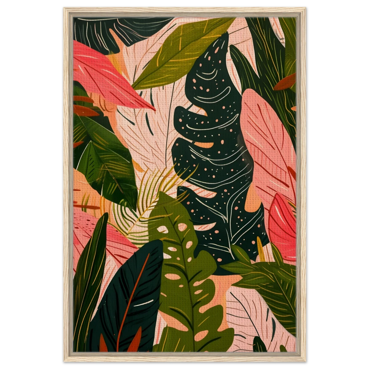 "Tropical Whispers" – A Lush Botanical Escape | Contemporary Botanical Art Wall art print - 60x90 cm / 24x36″ - Framed Canvas - Wood frame