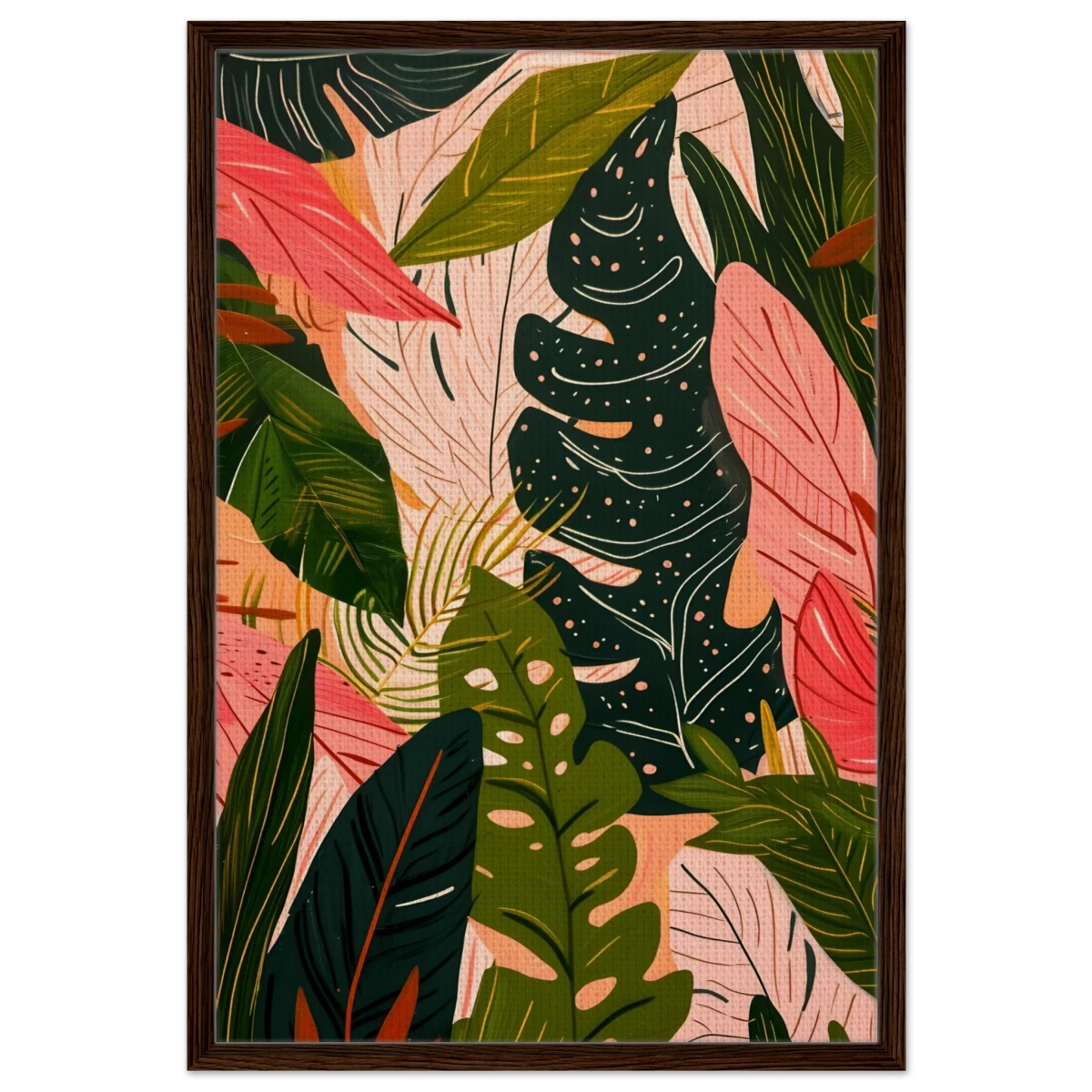 "Tropical Whispers" – A Lush Botanical Escape | Contemporary Botanical Art Wall art print - 60x90 cm / 24x36″ - Framed Canvas - Dark wood frame