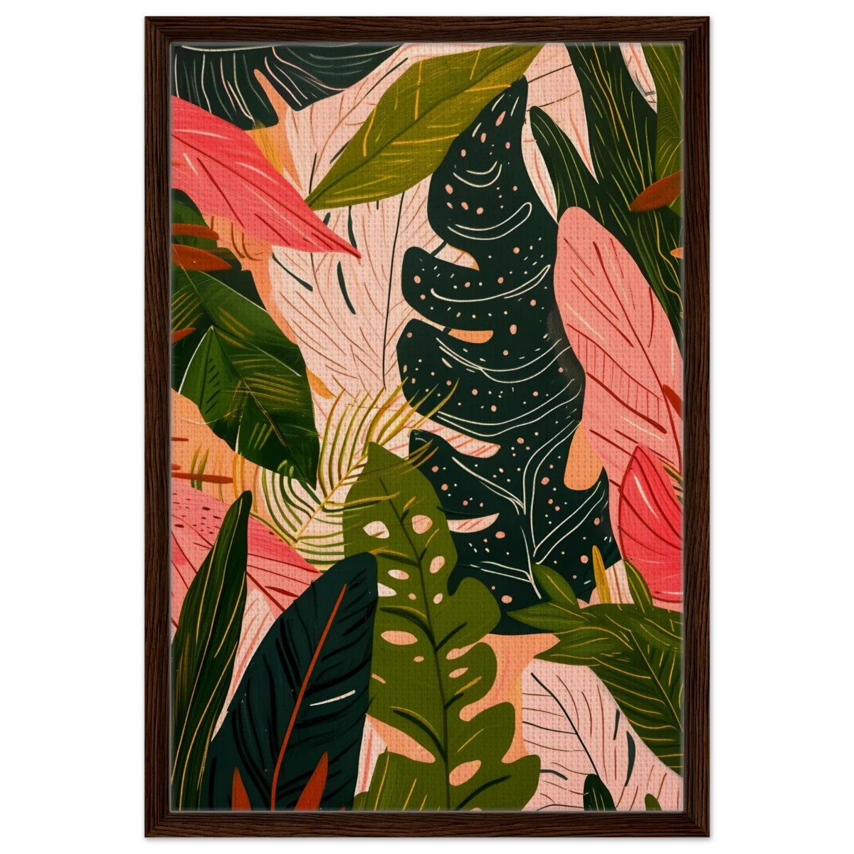 "Tropical Whispers" – A Lush Botanical Escape | Contemporary Botanical Art Wall art print - 50x75 cm / 20x30″ - Framed Canvas - Dark wood frame