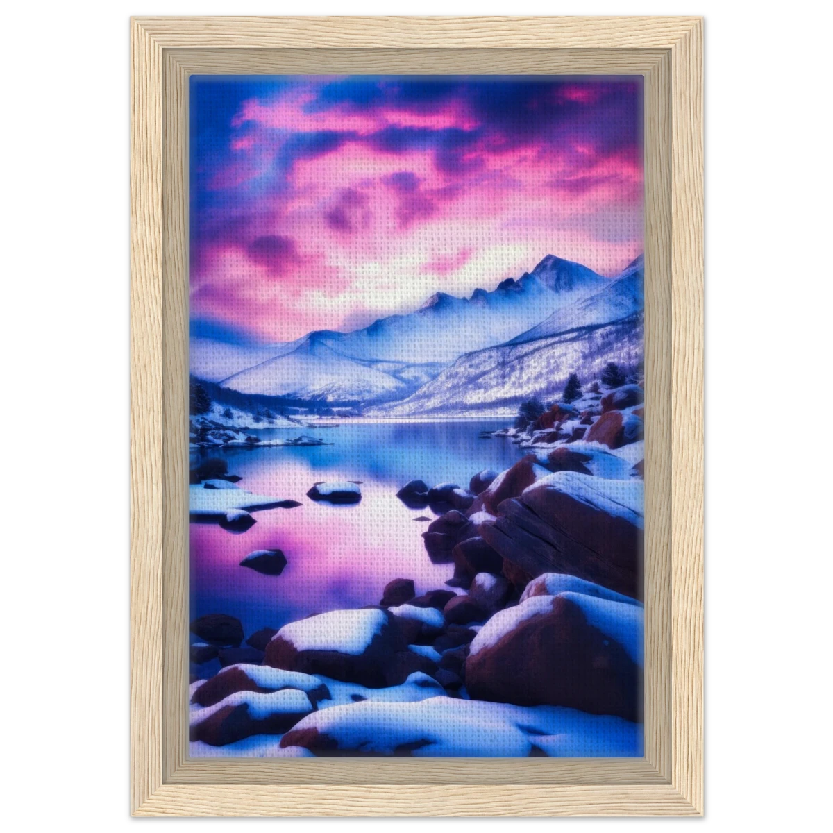 Twilight Serenity – Snowy Mountain Lake at Sunset | Wall Art Print - Framed Canvas - 20x30 cm / 8x12″ - Wood frame