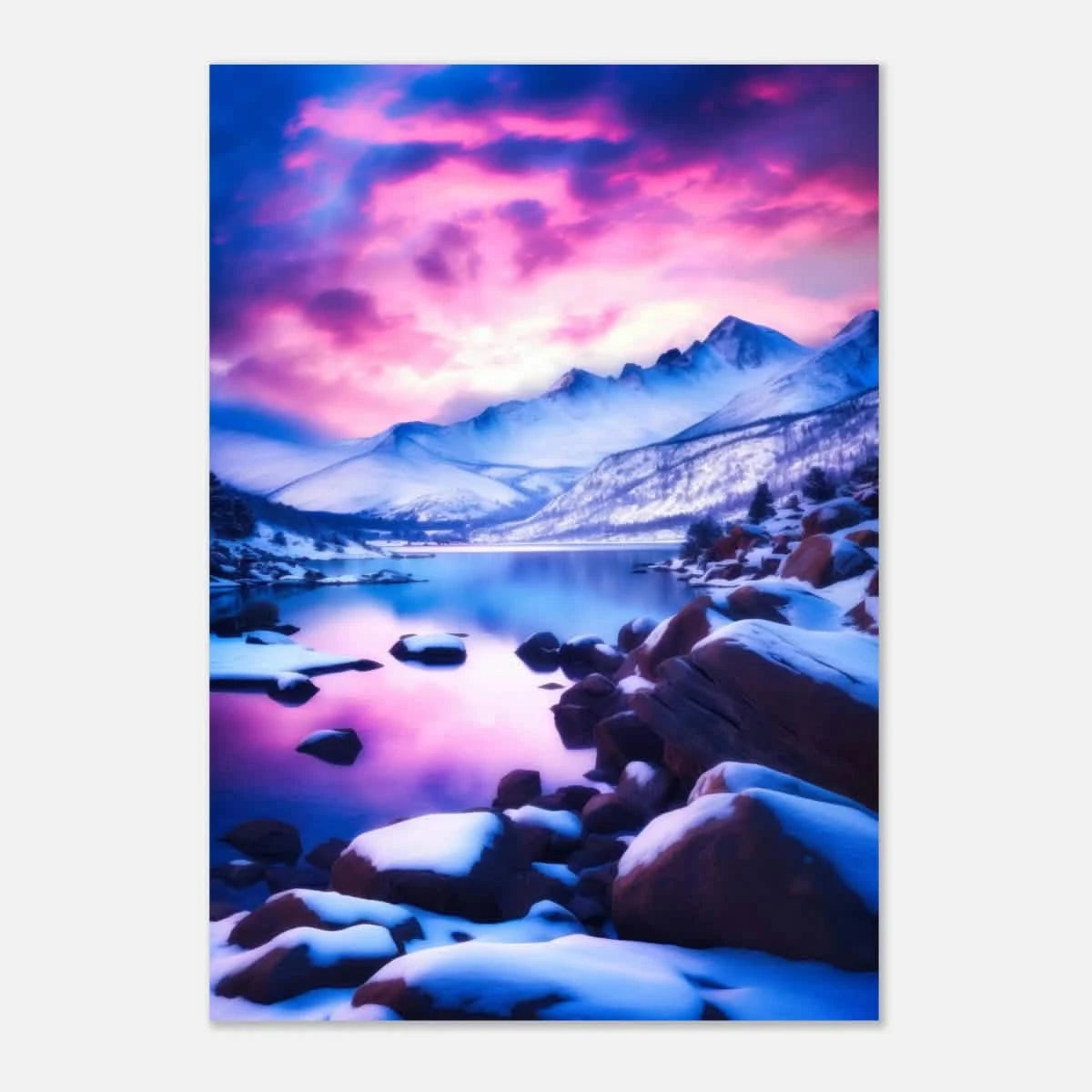 Twilight Serenity – Snowy Mountain Lake at Sunset | Wall Art Print - Aluminum Print - 70x100 cm / 28x40″ -