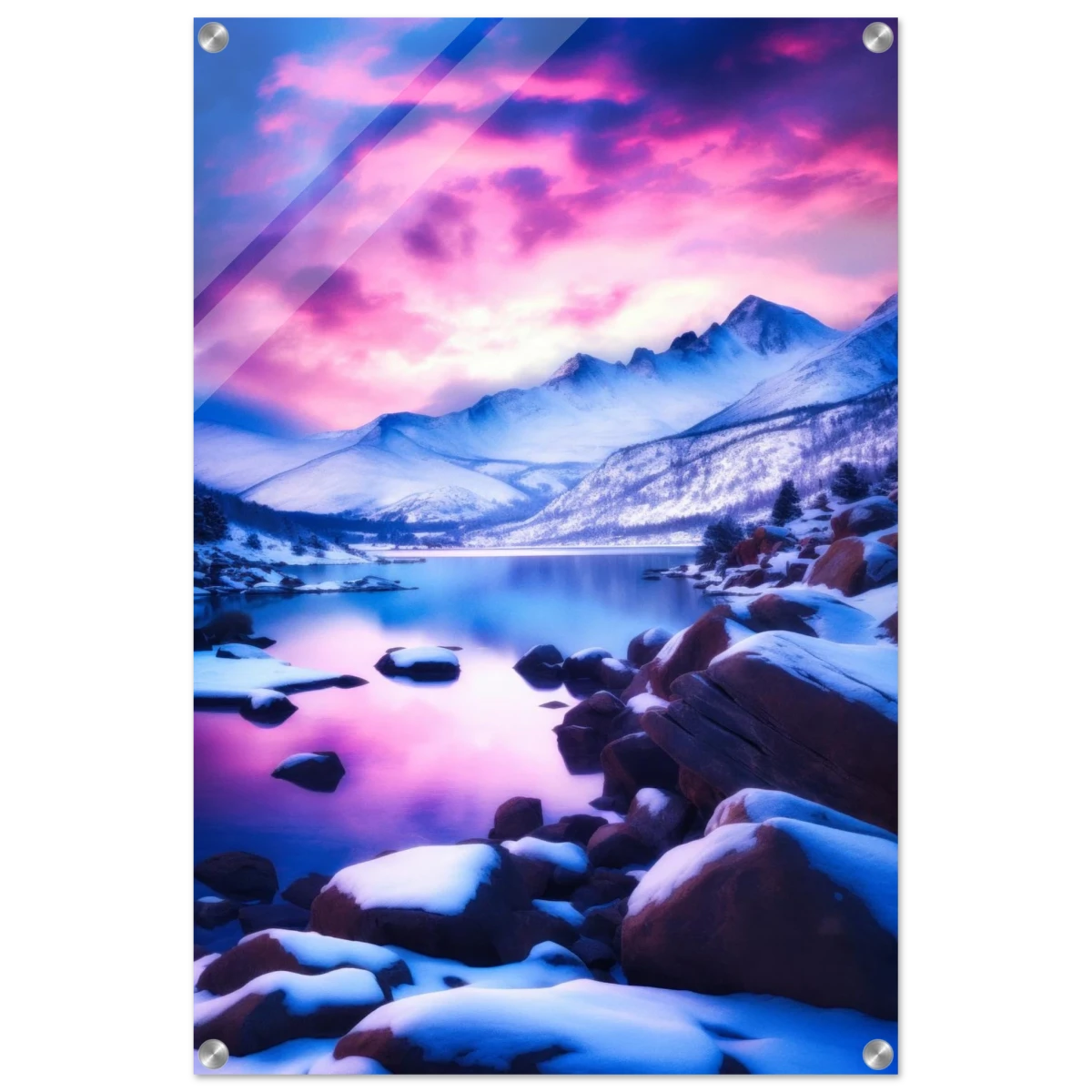 Twilight Serenity – Snowy Mountain Lake at Sunset | Wall Art Print - Acrylic Print - 50x75 cm / 20x30″ -