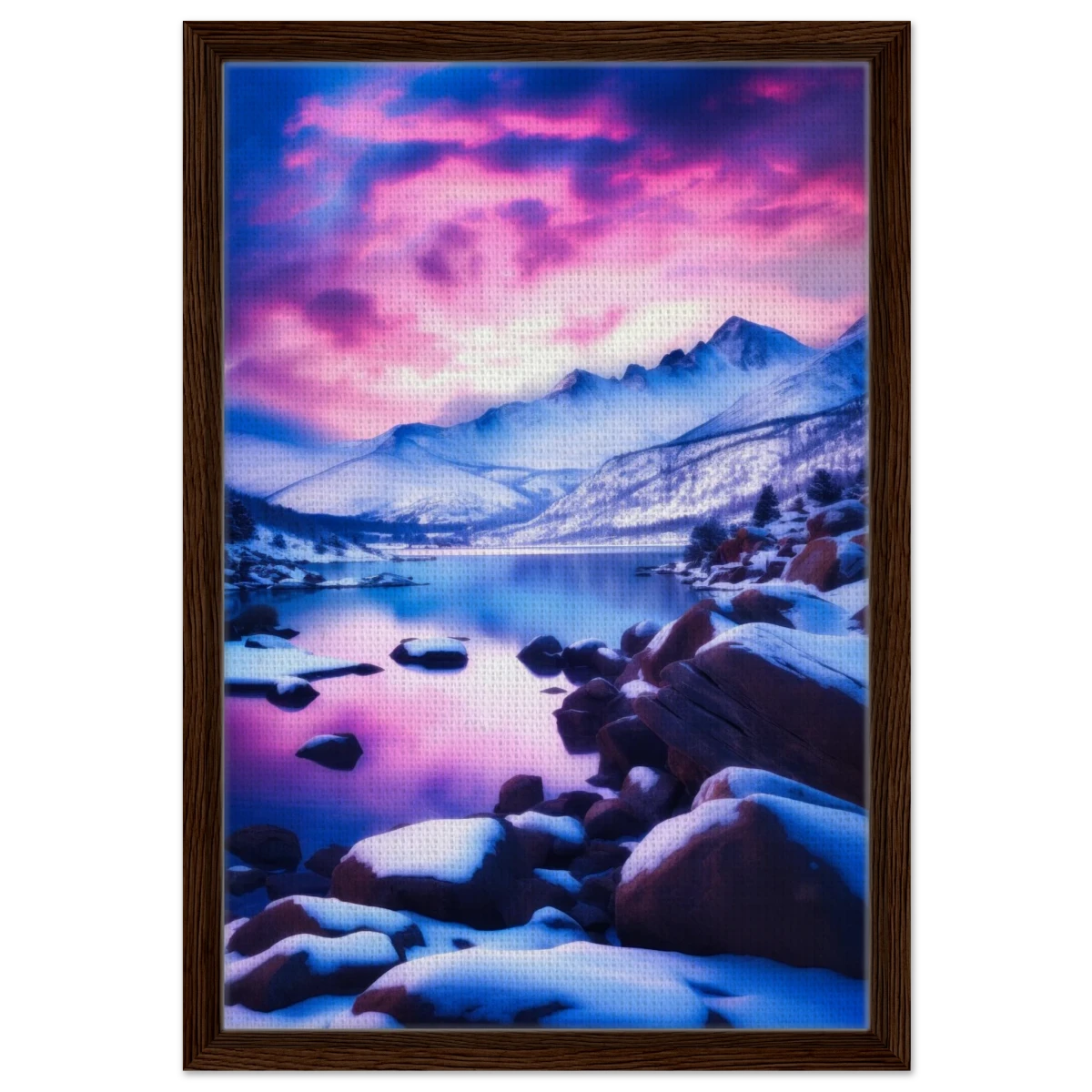 Twilight Serenity – Snowy Mountain Lake at Sunset | Wall Art Print - Framed Canvas - 40x60 cm / 16x24″ - Dark wood frame