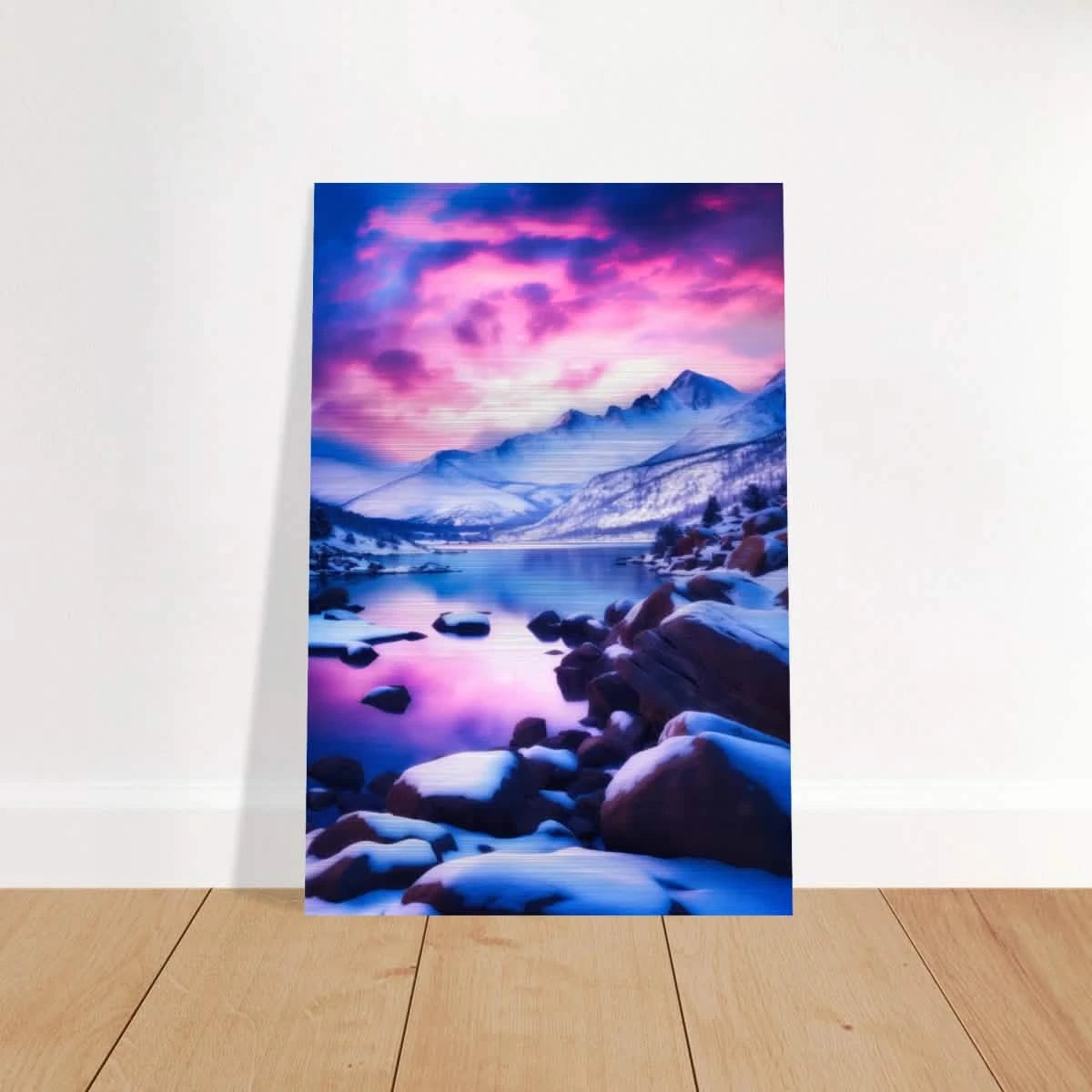 Twilight Serenity – Snowy Mountain Lake at Sunset | Wall Art Print - Brushed Aluminum Print - 50x75 cm / 20x30″ -