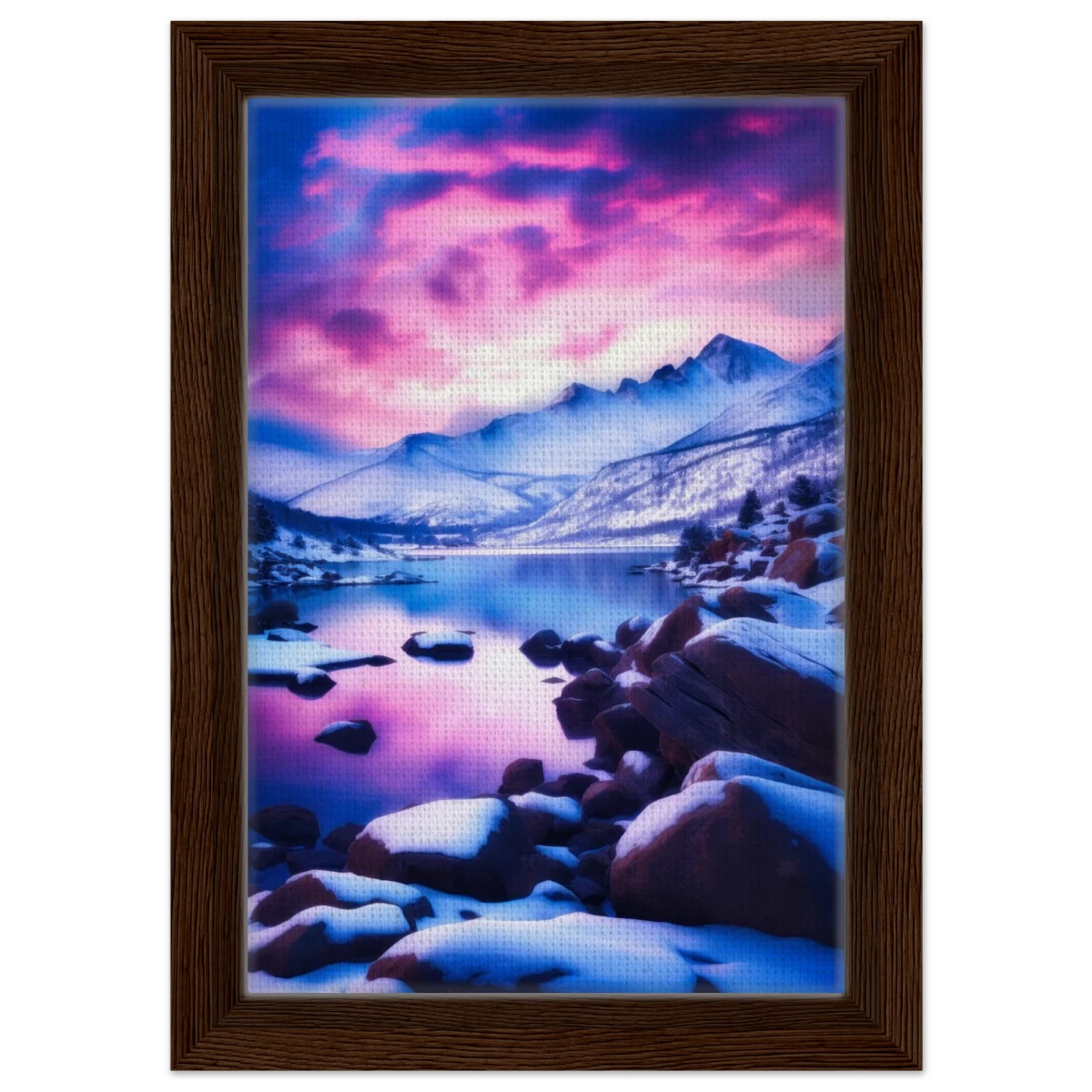 Twilight Serenity – Snowy Mountain Lake at Sunset | Wall Art Print - Framed Canvas - 20x30 cm / 8x12″ - Dark wood frame
