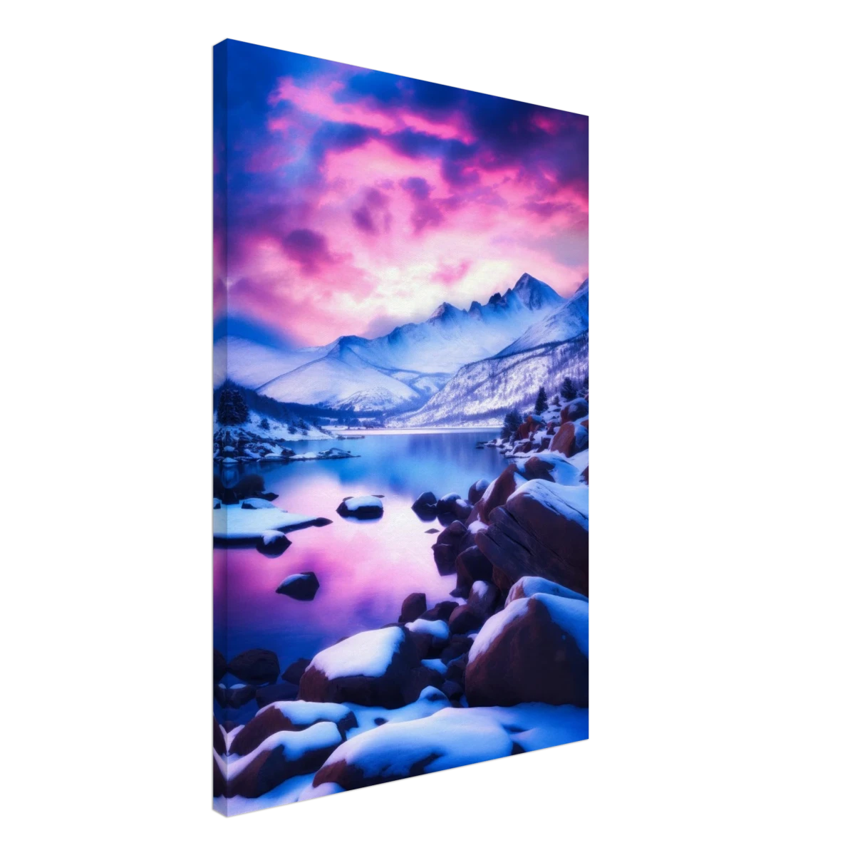 Twilight Serenity – Snowy Mountain Lake at Sunset | Wall Art Print - Canvas - 50x75 cm / 20x30″ -